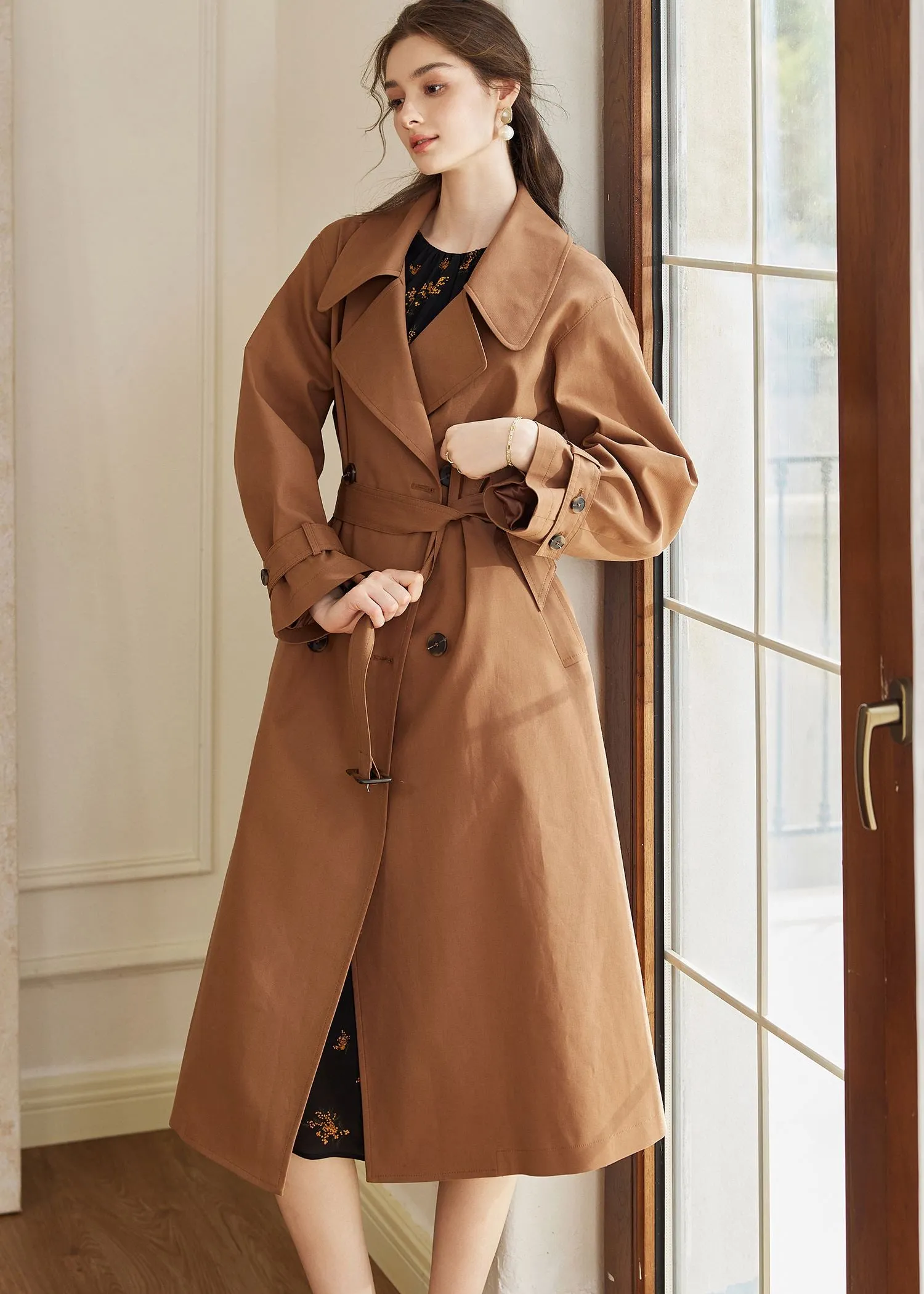 Double Breasted Belted Brown Long Trench Coat