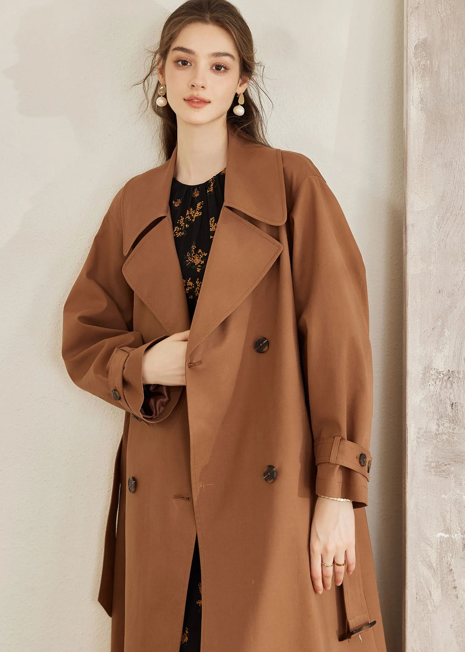 Double Breasted Belted Brown Long Trench Coat