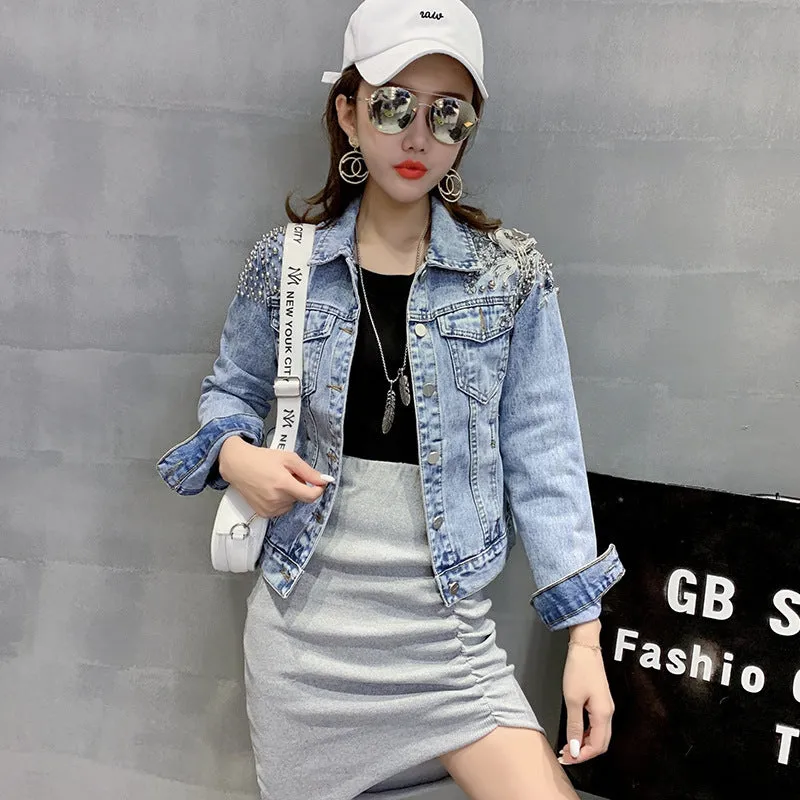 Europe Station New Shoulder Rivet Denim Jacket Women's Short Slim Jacket Three Dimensional Flower Top