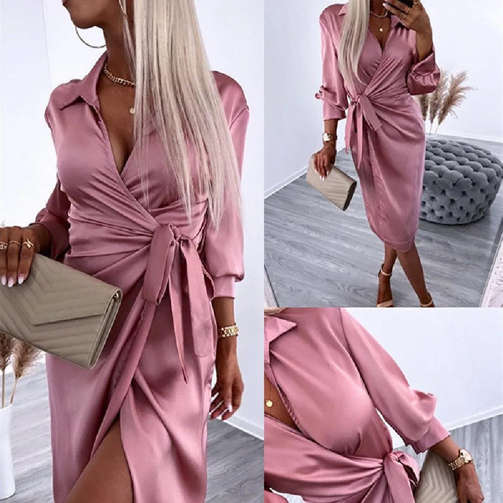 European And American Satin Waist Shirt Dress