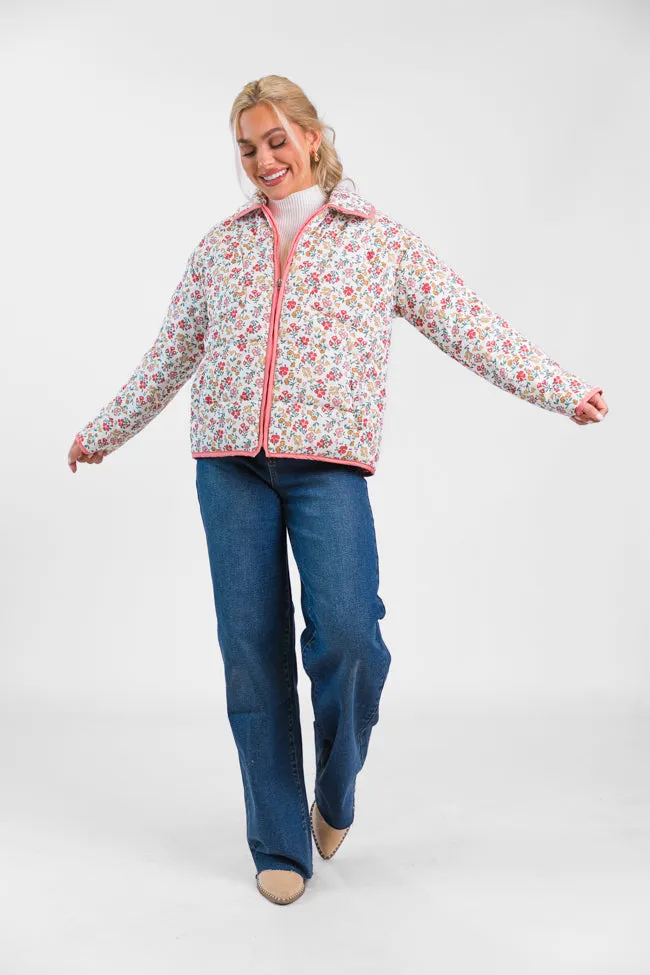 Field Of Florals Ivory and Pink Multi Quilted Floral Jacket SALE