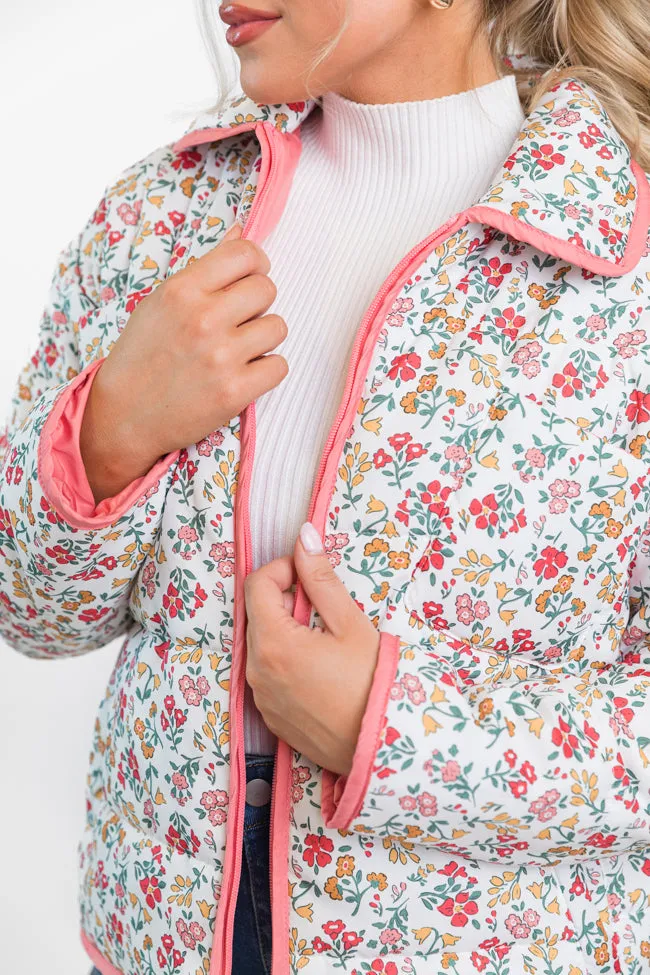 Field Of Florals Ivory and Pink Multi Quilted Floral Jacket SALE