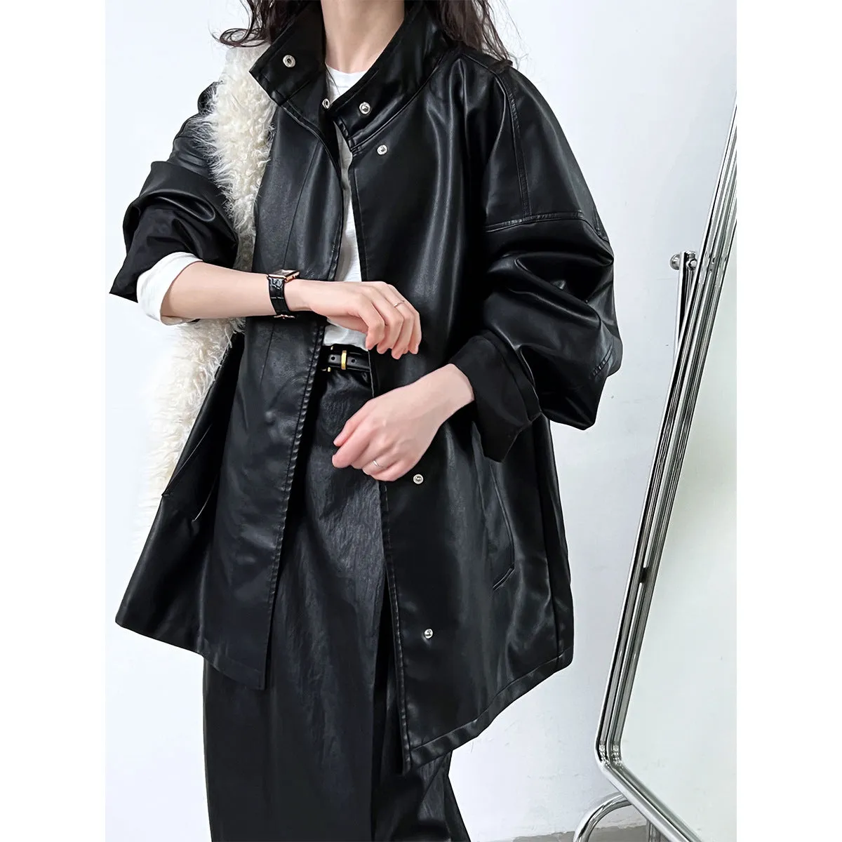 Flytonn-Fall Outfits Women Outwear Streetwear  birkenstock clogs outfit fall 2024 Autumn Minimalist French Neutral Cool Black Profile Stand Collar Mid-Length PU Leather Coat