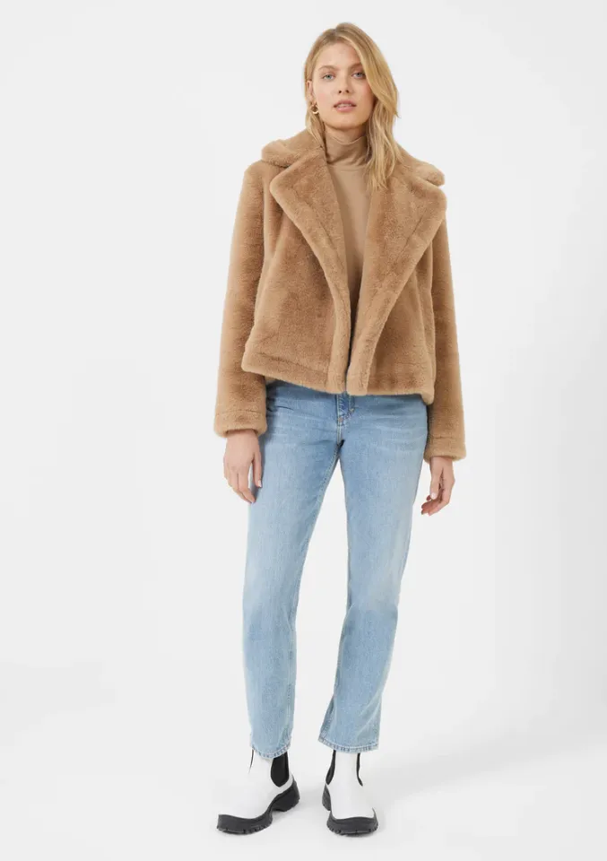 French Connection Buona Recycled Faux Fur Crop Camel Coat 70TAI