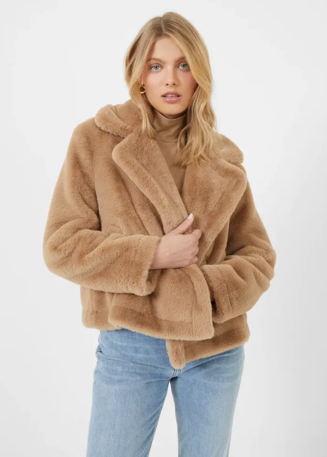 French Connection Buona Recycled Faux Fur Crop Camel Coat 70TAI