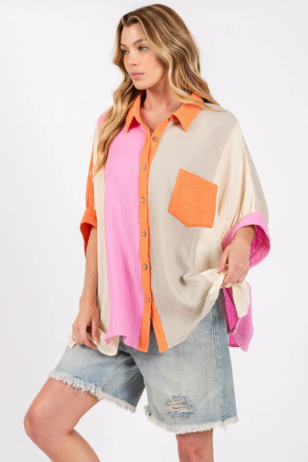 Full Size Color Block Button-Down Shirt