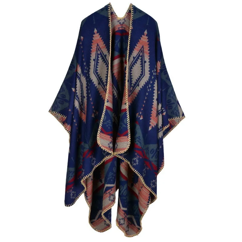 Geometric diamond thickened cashmere like national style travel split cape cape