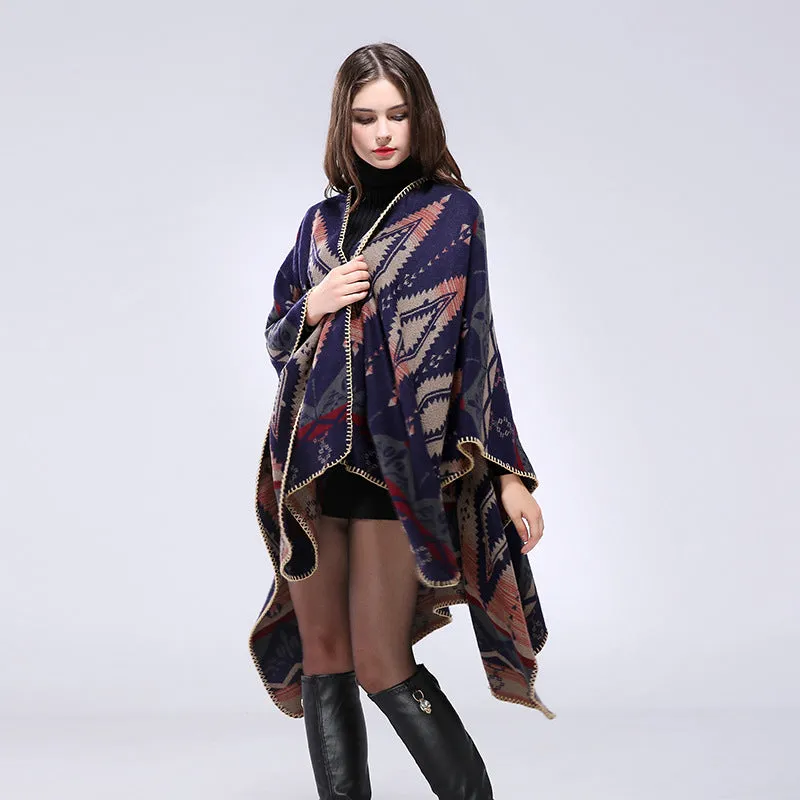 Geometric diamond thickened cashmere like national style travel split cape cape