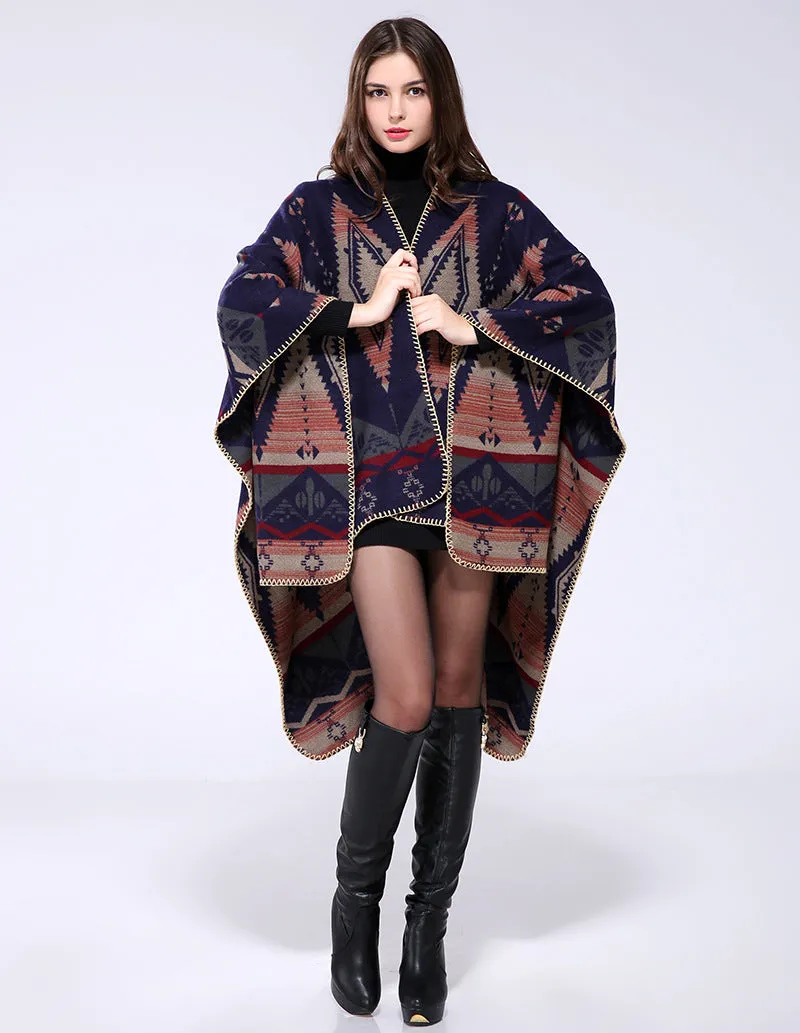 Geometric diamond thickened cashmere like national style travel split cape cape