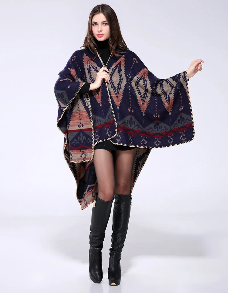 Geometric diamond thickened cashmere like national style travel split cape cape