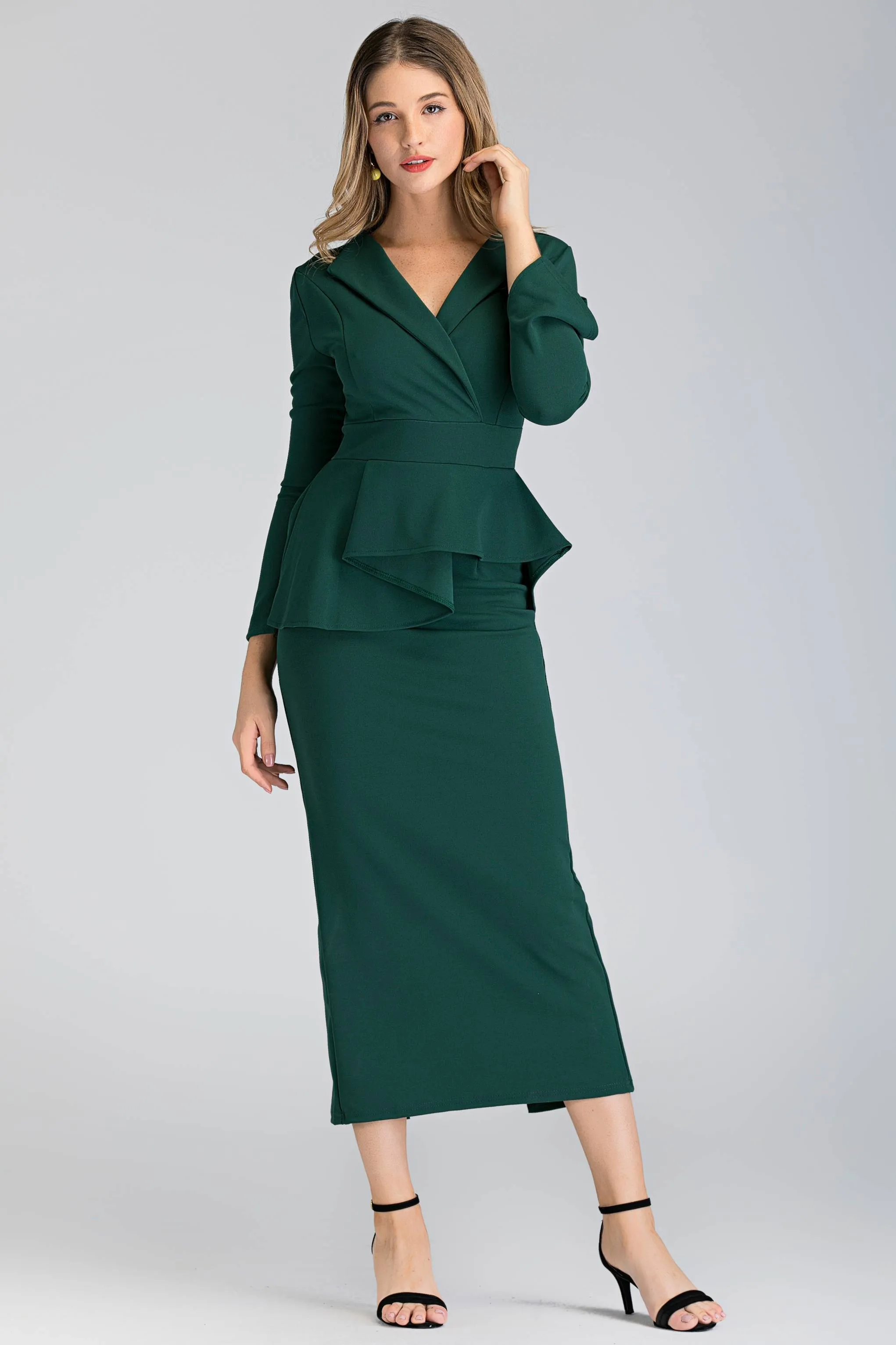 Green Collared Peplum Maxi Dress