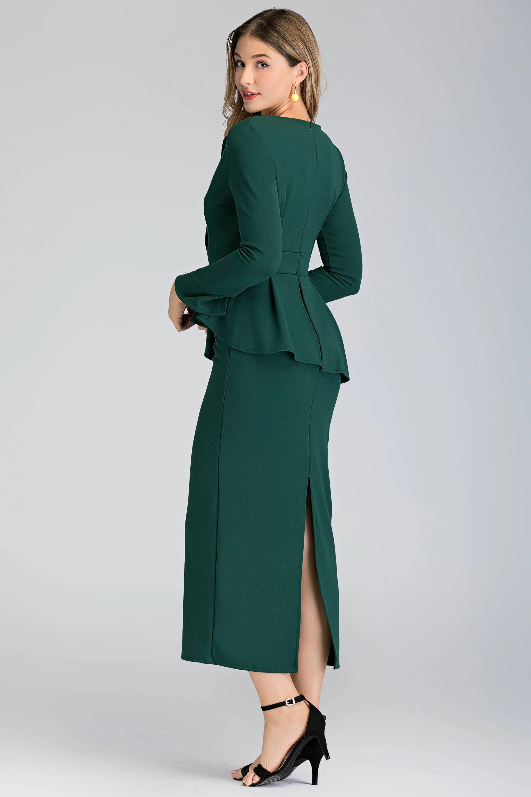 Green Collared Peplum Maxi Dress