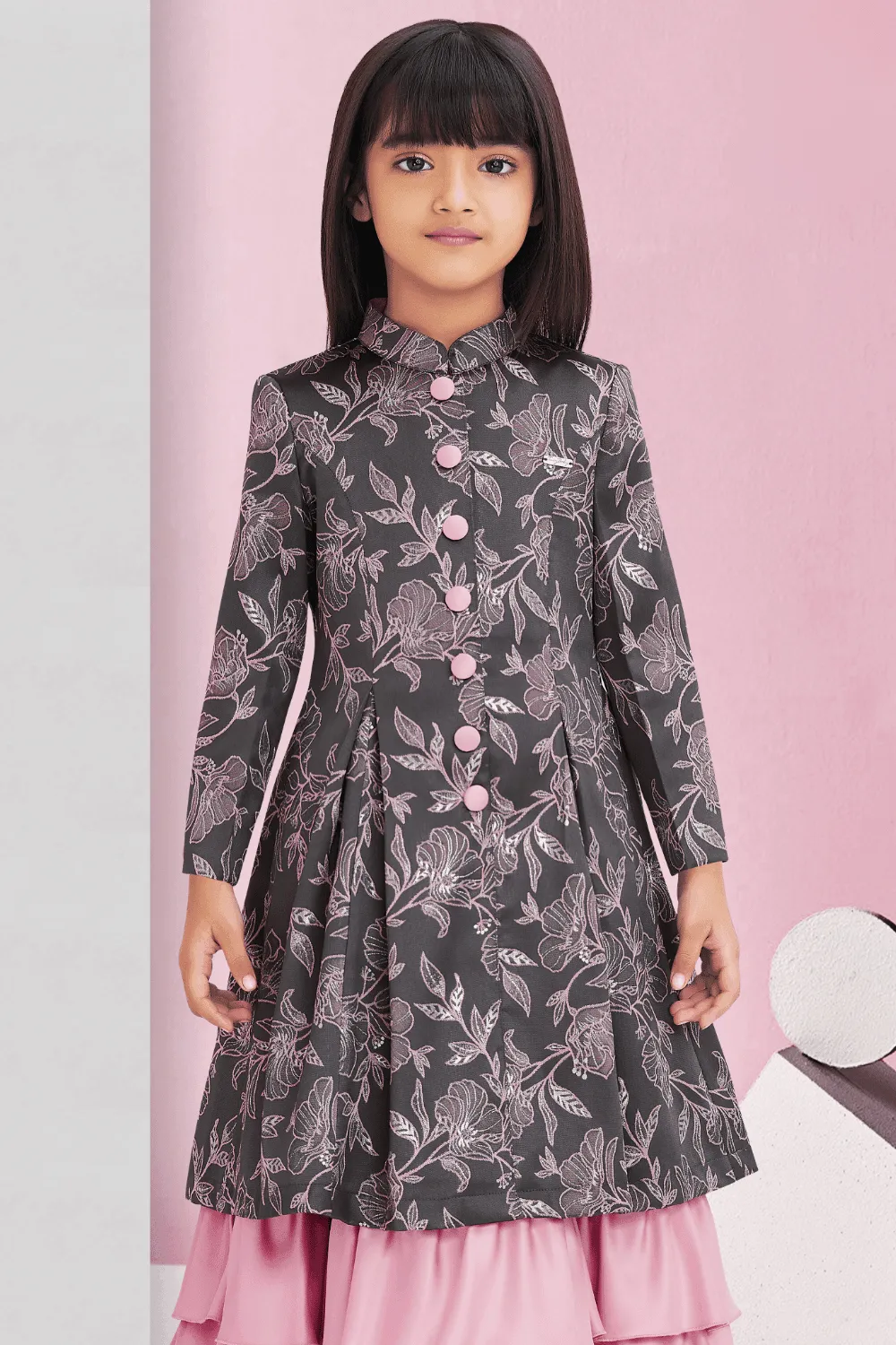 Grey with Onion Pink Foil Print Overcoat Styled Long Gown For Girls