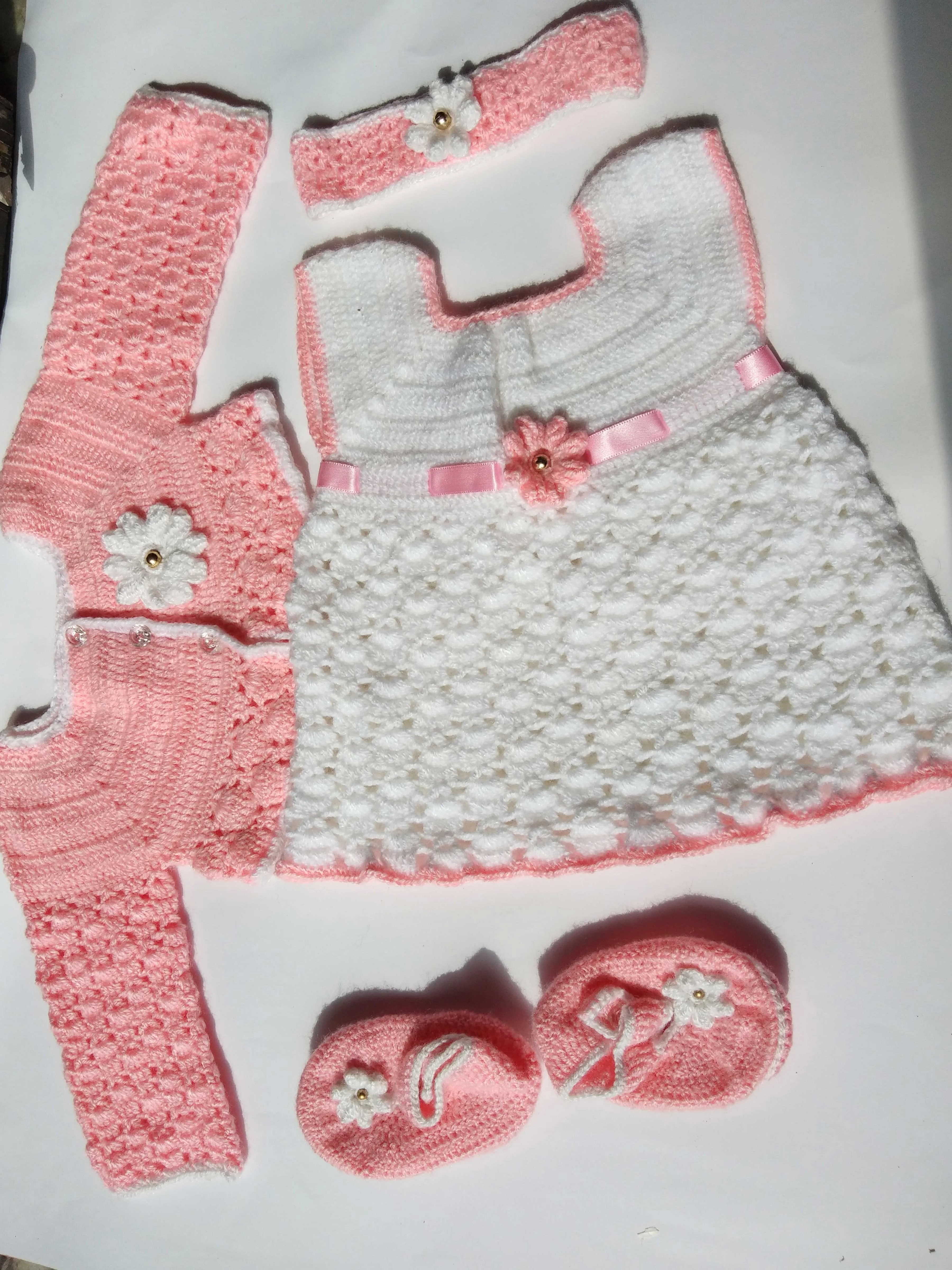 Handmade Woolen Crochet Baby Frock With Short Jacket Sweater Set (4Pcs Set) - White & Pink