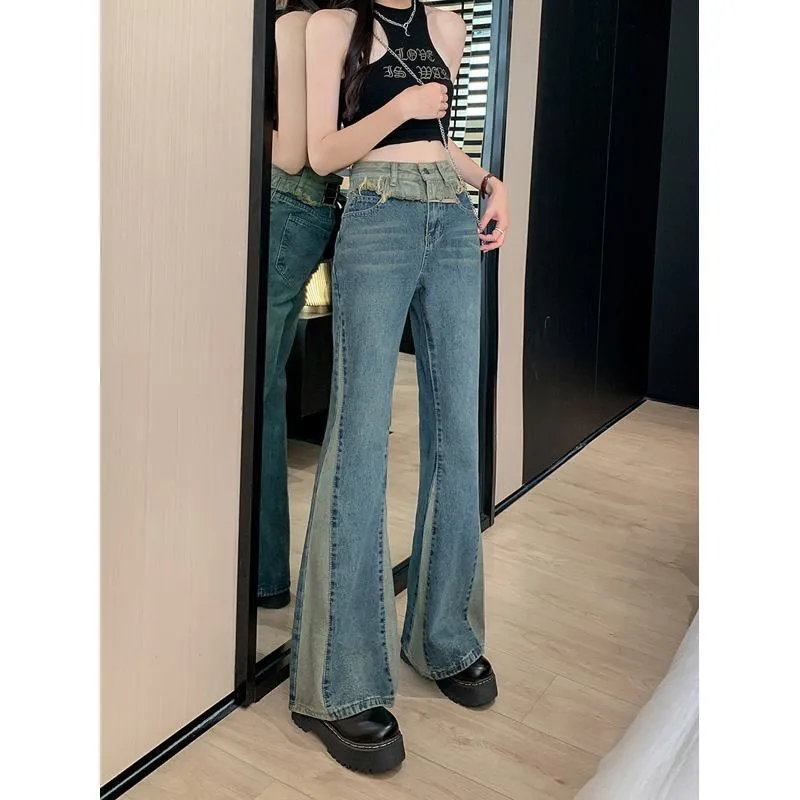 High-Waisted Slight Flare Worn-Out Look Color Blocking Retro Patchwork Jeans