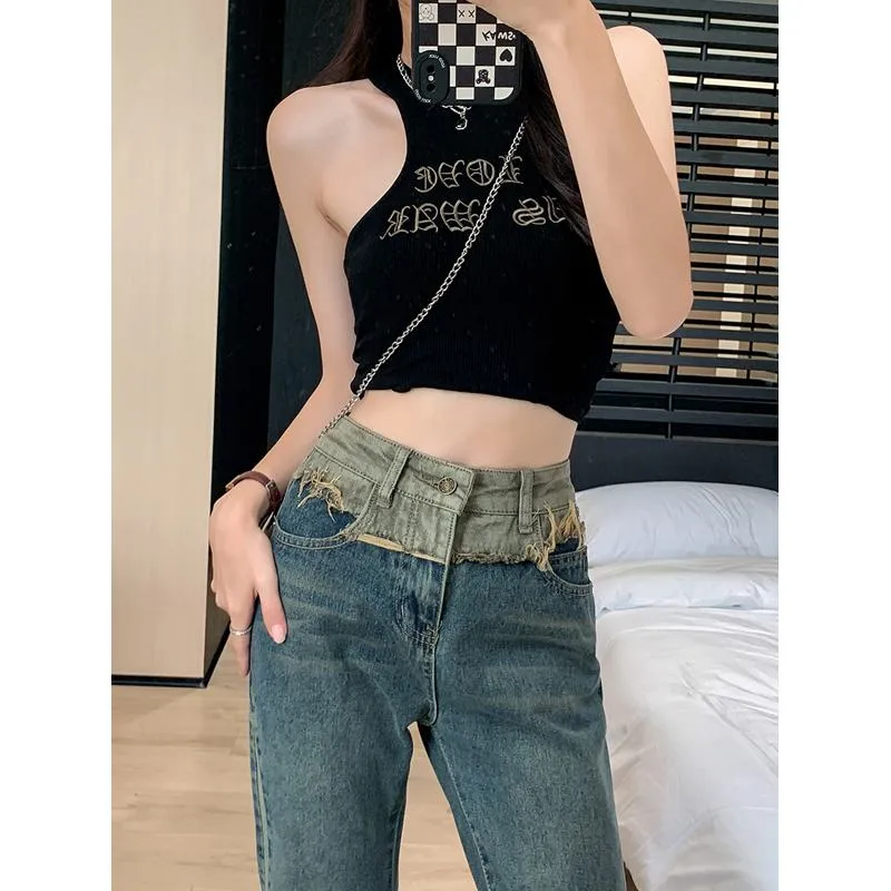 High-Waisted Slight Flare Worn-Out Look Color Blocking Retro Patchwork Jeans