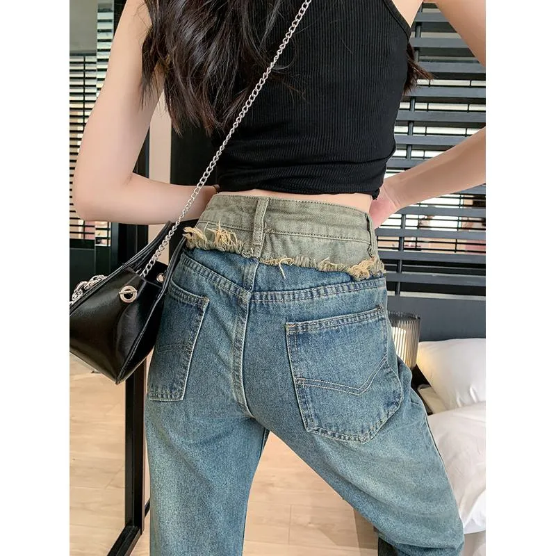 High-Waisted Slight Flare Worn-Out Look Color Blocking Retro Patchwork Jeans