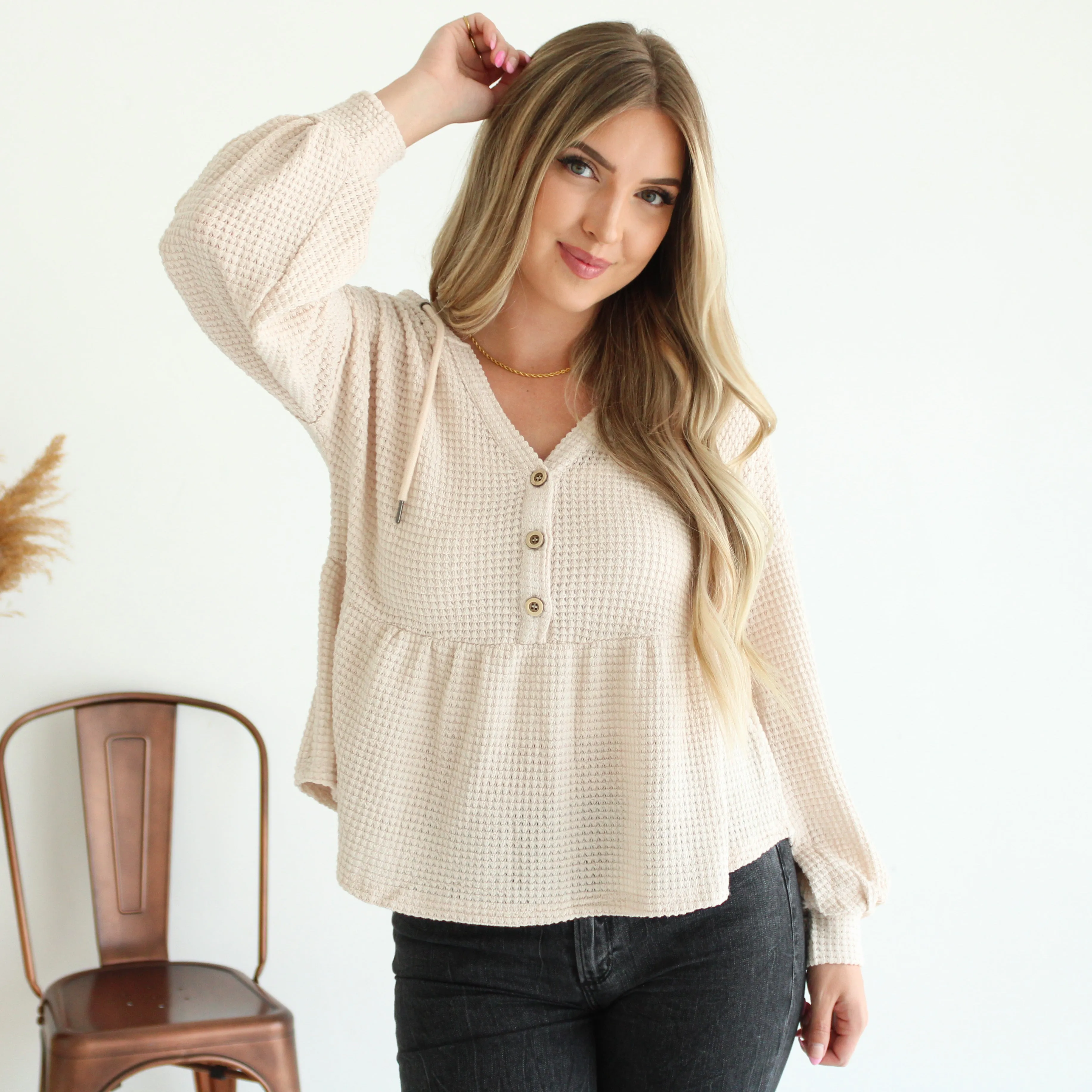 Hooded Waffle Peplum Top