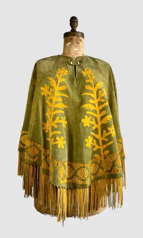 HOW SUEDE IT IS 60s Green Leather Applique Poncho • Small Medium