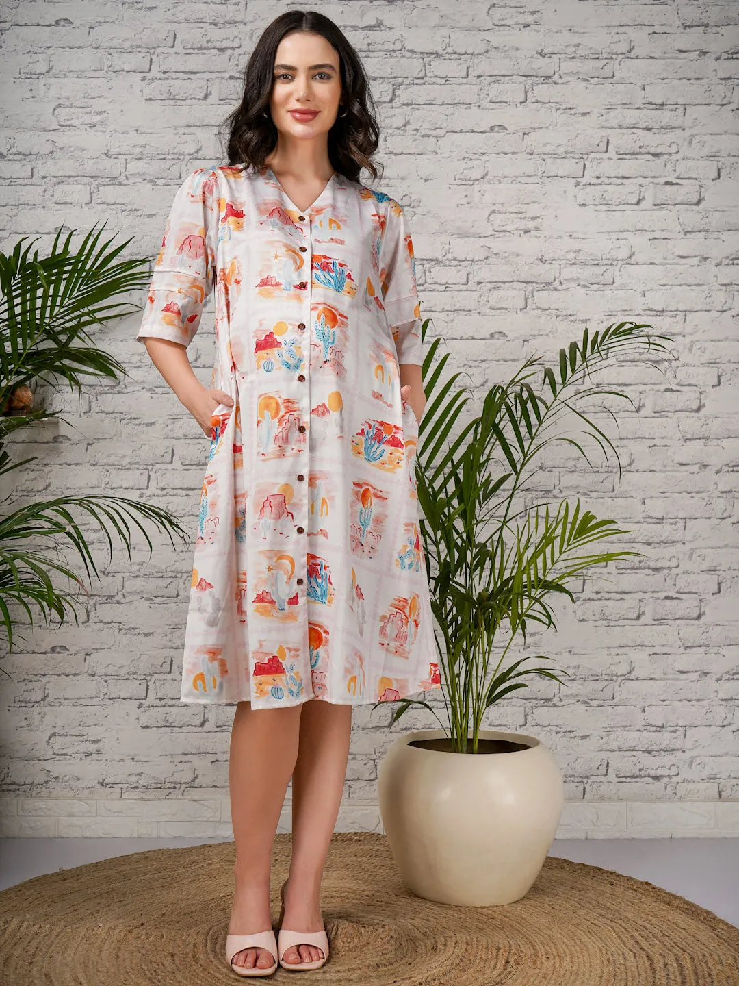 KRISHA - BEIGE FLORAL PRINT A-LINE SHIRT MATERNITY DRESS