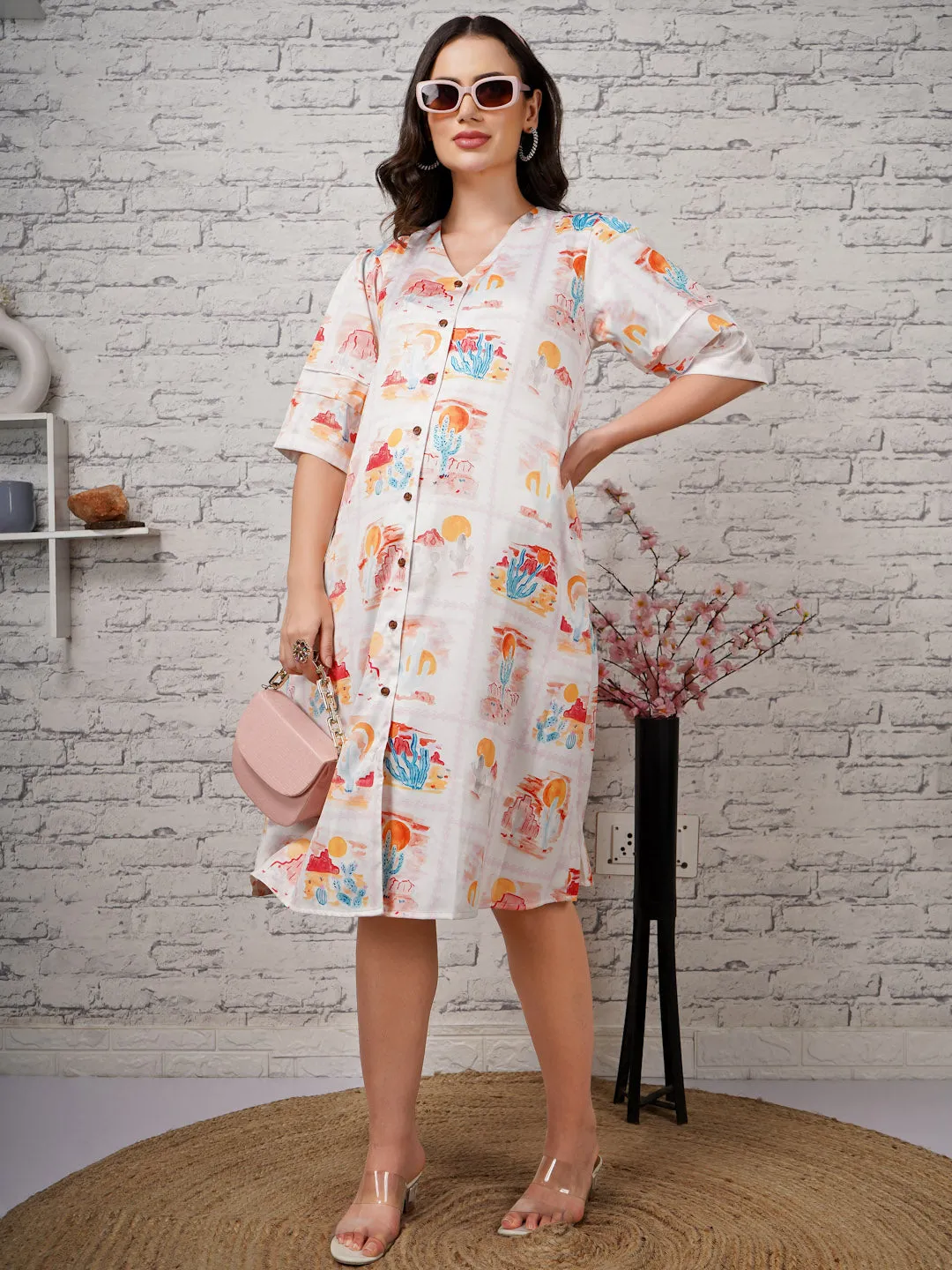 KRISHA - BEIGE FLORAL PRINT A-LINE SHIRT MATERNITY DRESS