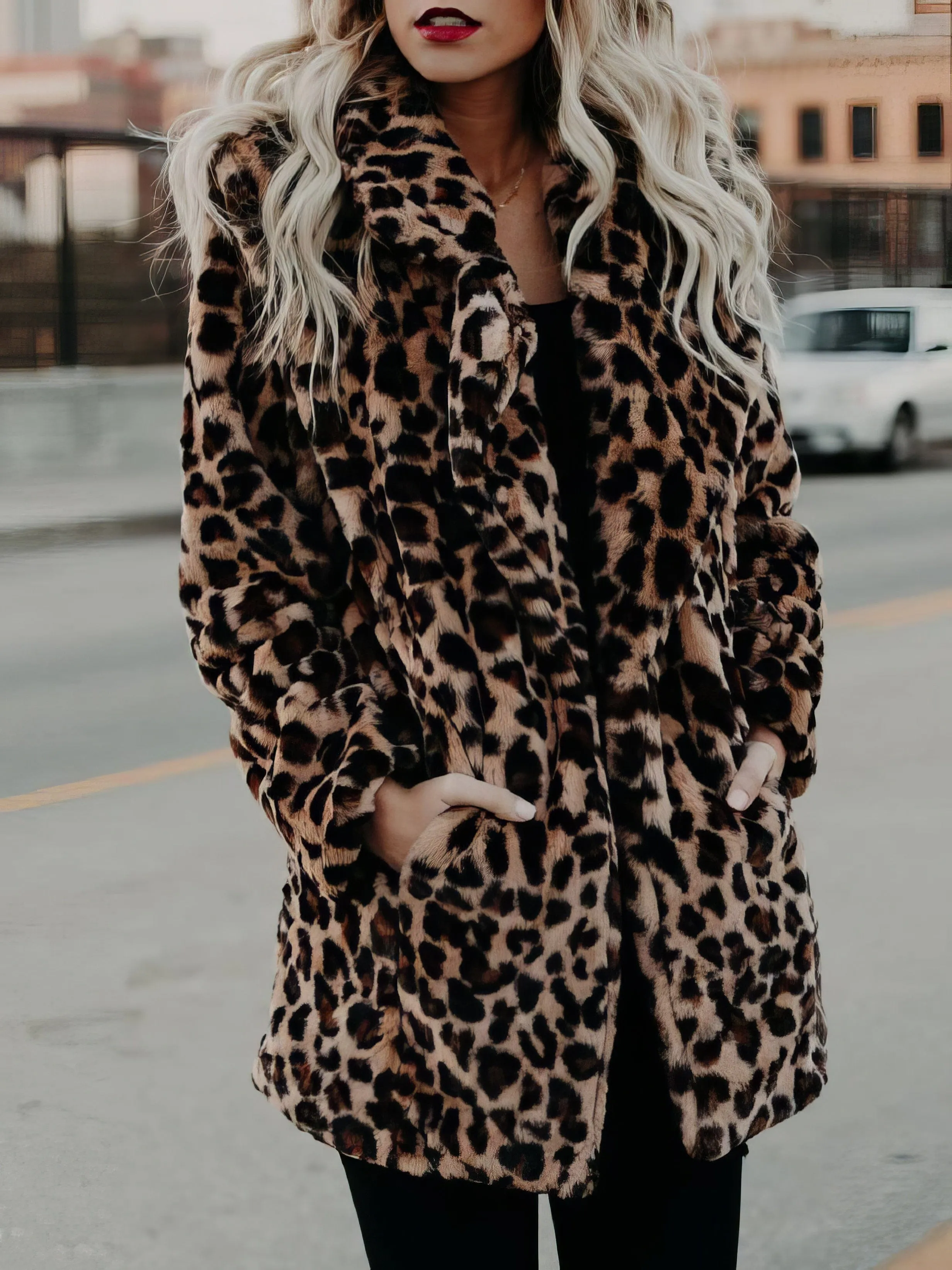 Lapel Leopard Print Faux Fur Long Sleeve Midi Coat