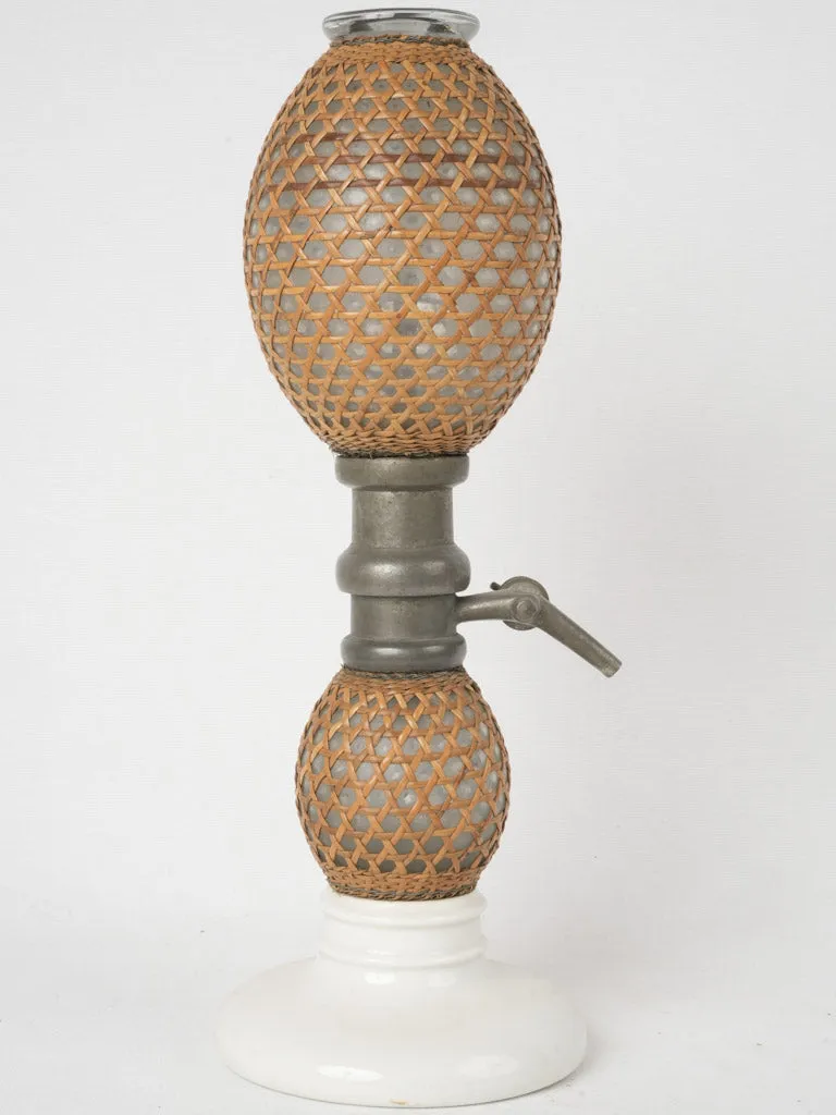 Late 19th Century French Soda Siphon w/ Cane Cover & Pewter Spigot 17¾"