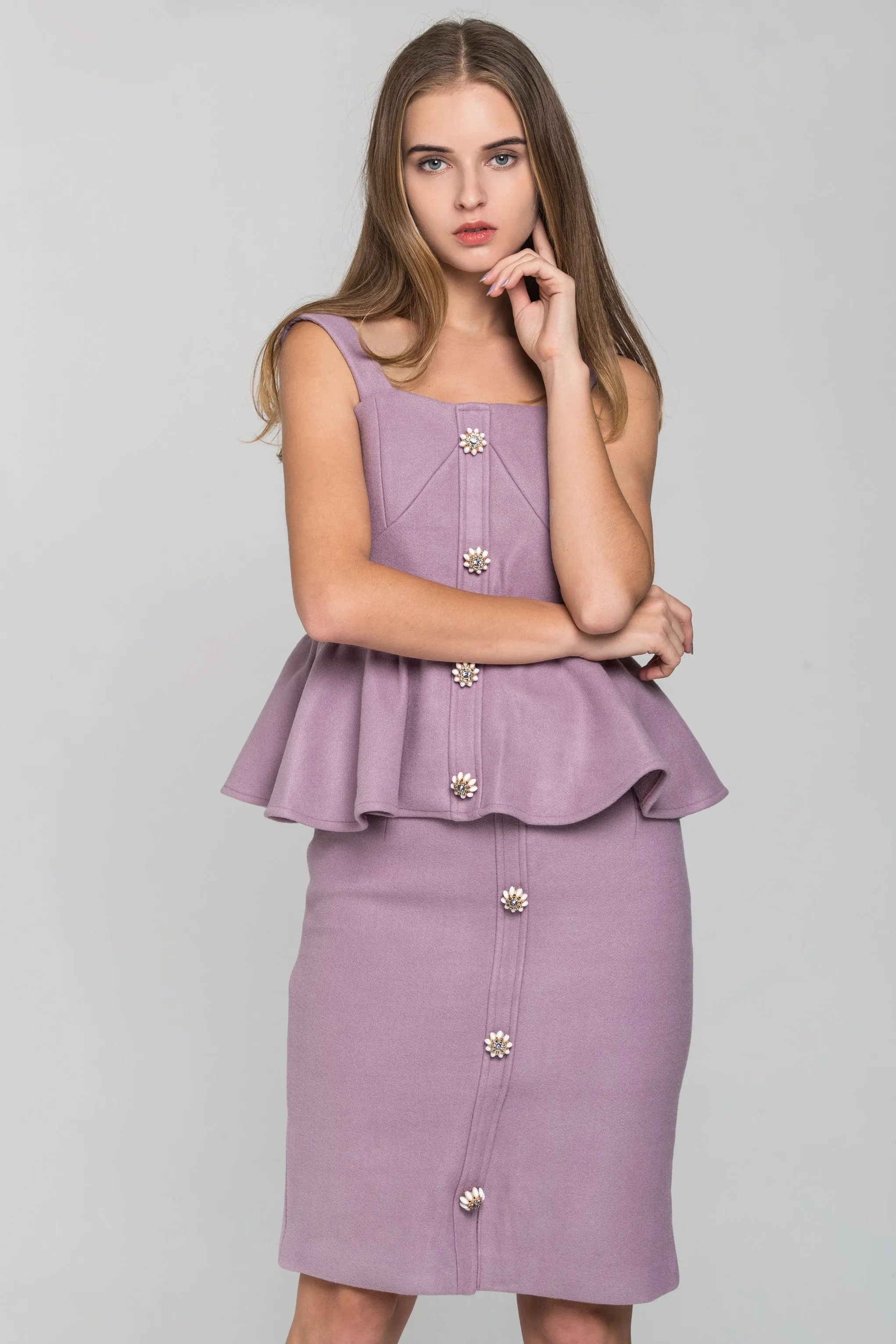 Lavender Fleece Jewel Button Peplum Two Piece Midi Dress