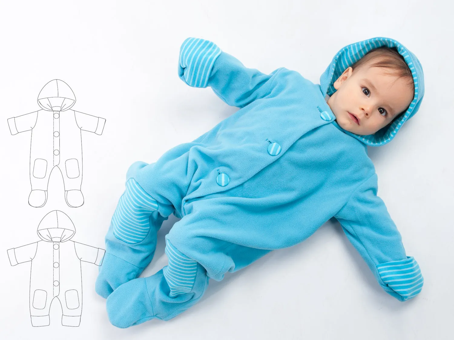 Lined baby overall pattern with hood, romper jumpsuit with feet and arm wrap. Hooded romper onesie sewing pattern DORIAN by Patternforkids