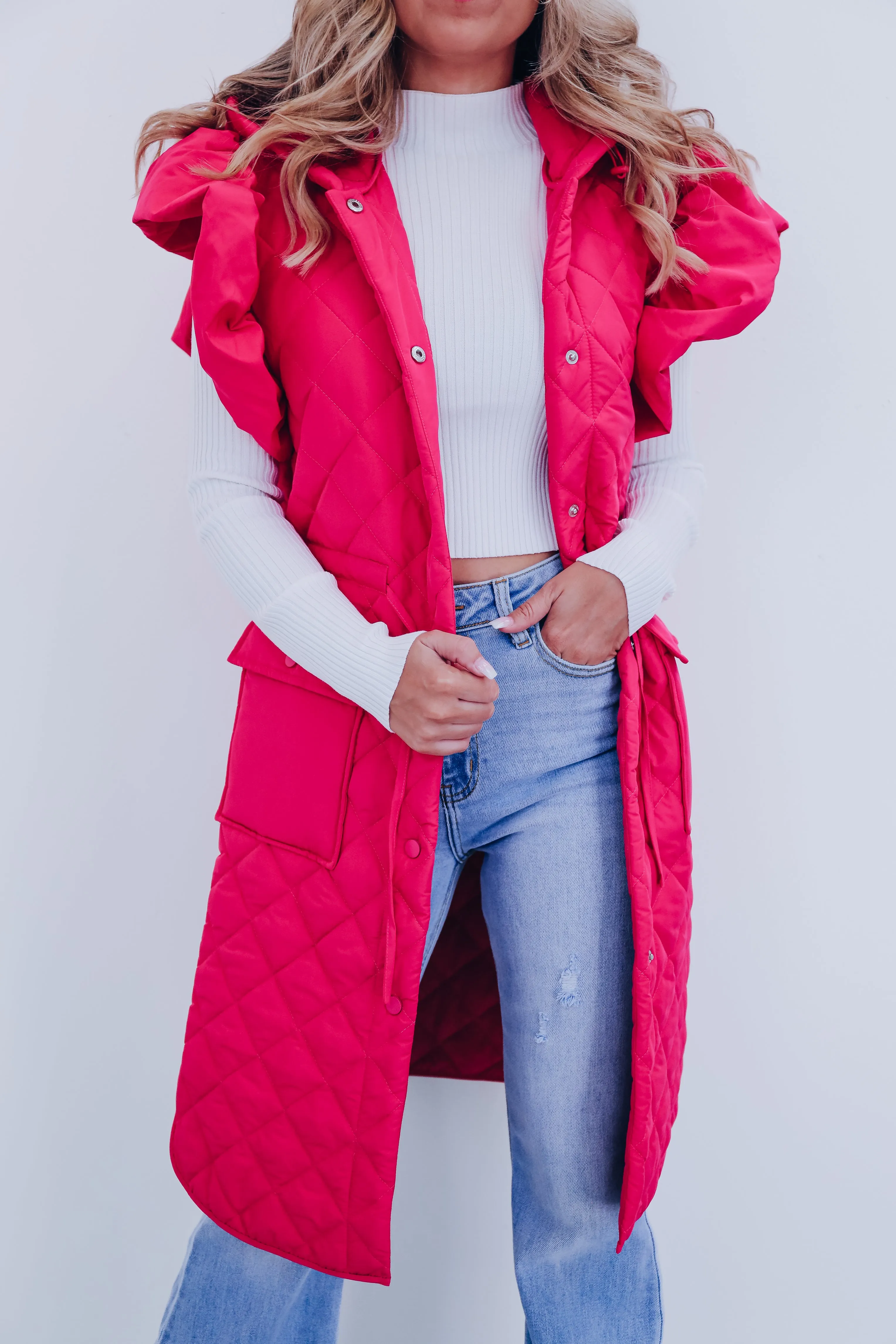 Lively Long Puffer Hoodie Vest - Pink