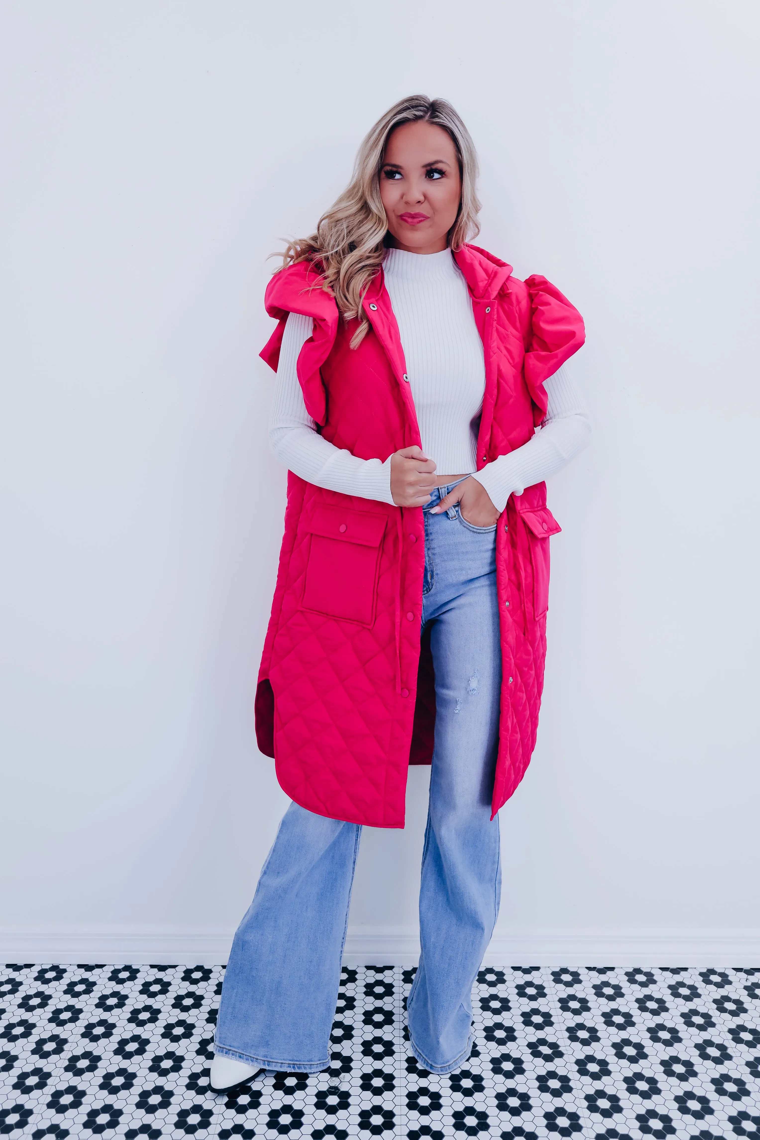 Lively Long Puffer Hoodie Vest - Pink