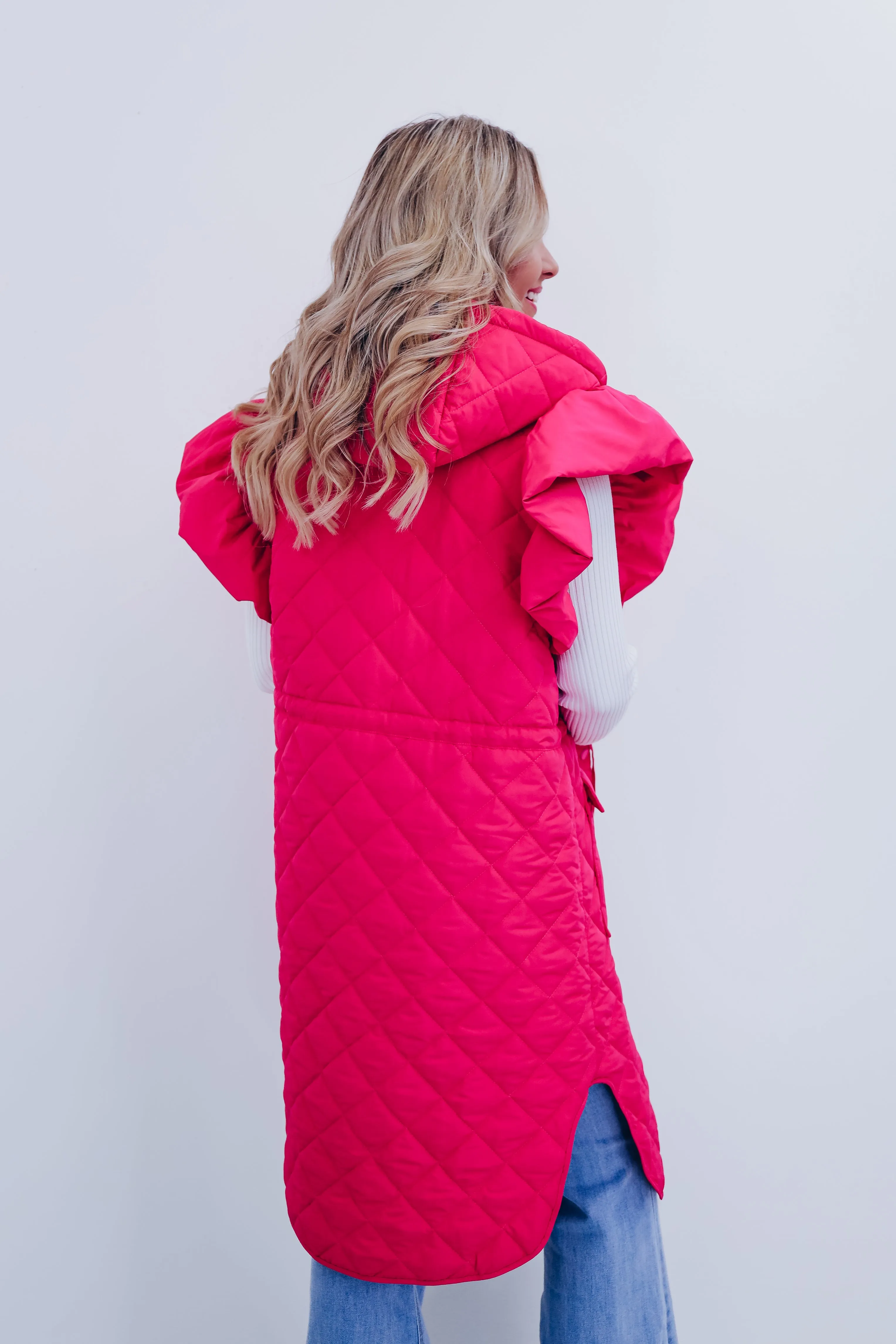 Lively Long Puffer Hoodie Vest - Pink