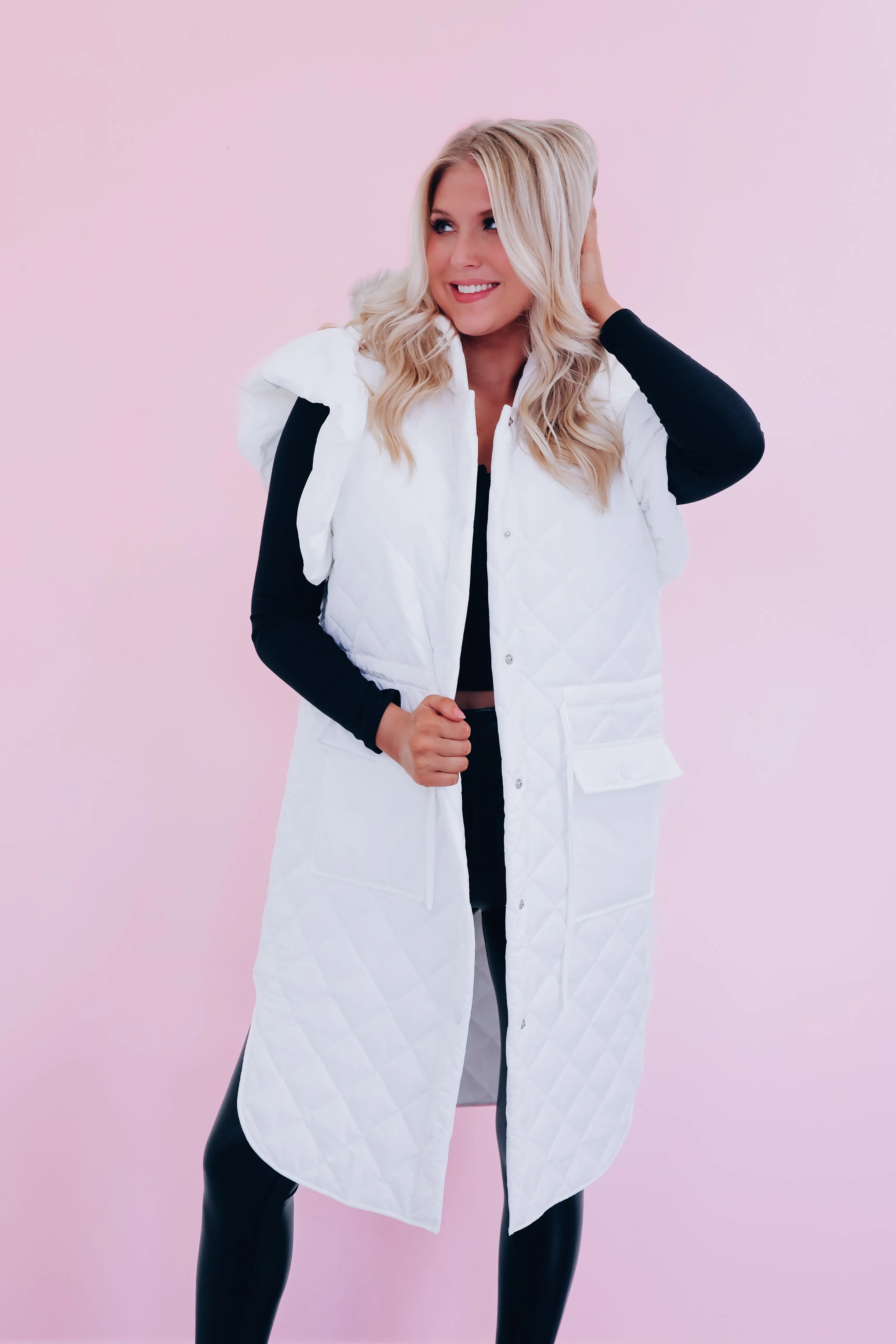 Lively Long Puffer Hoodie Vest - White