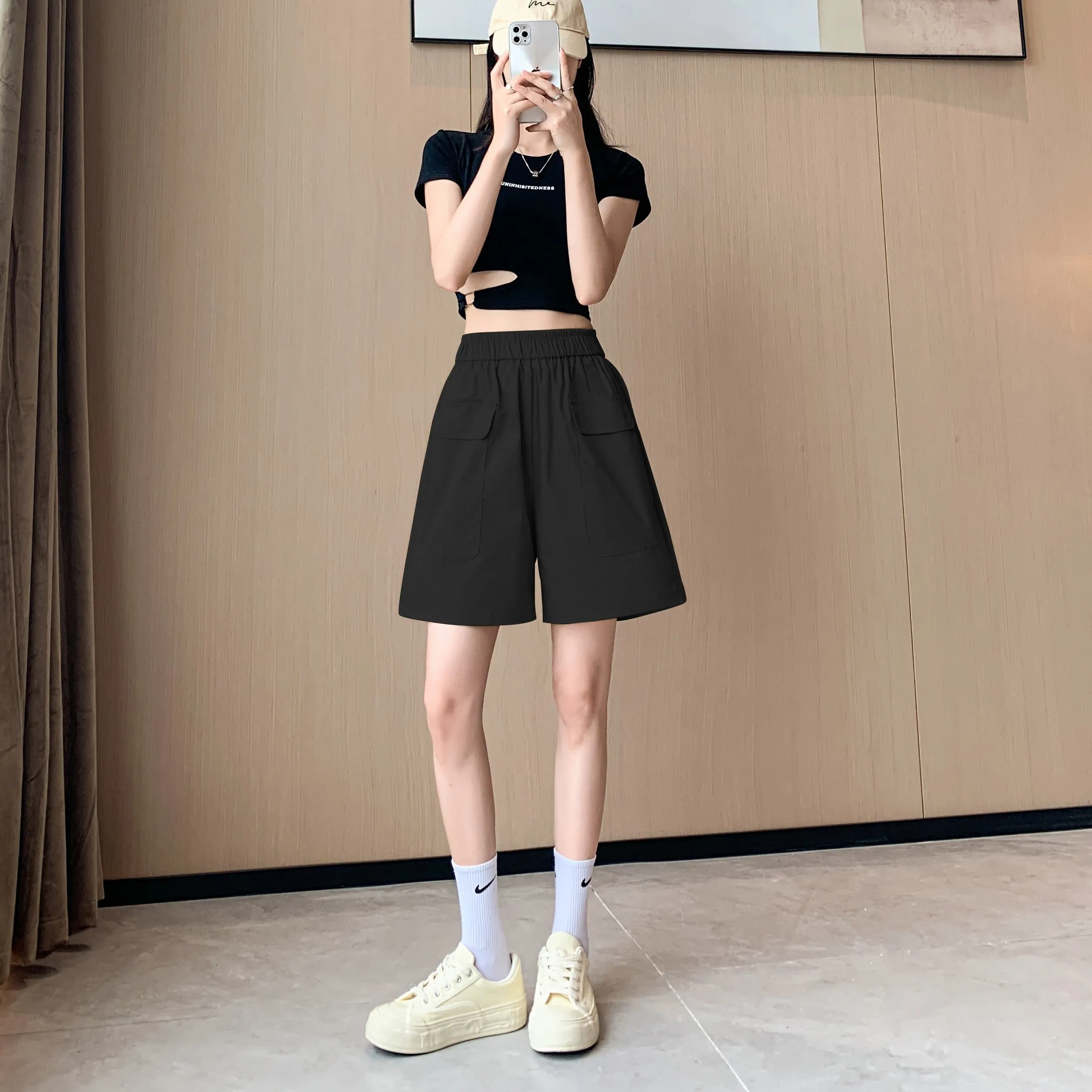 Loose Fit Thin High-Waisted Workwear Casual Solid Color Shorts