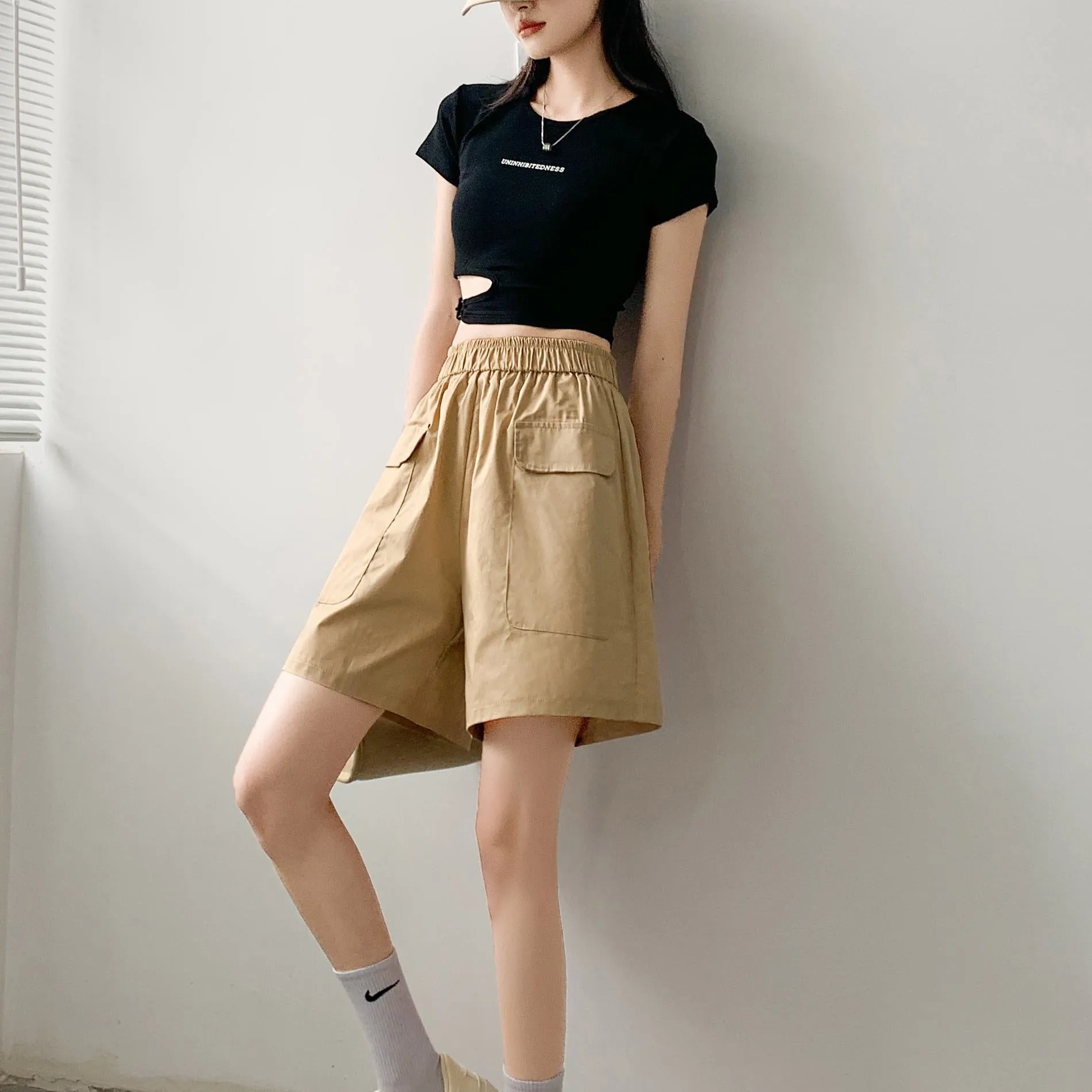 Loose Fit Thin High-Waisted Workwear Casual Solid Color Shorts