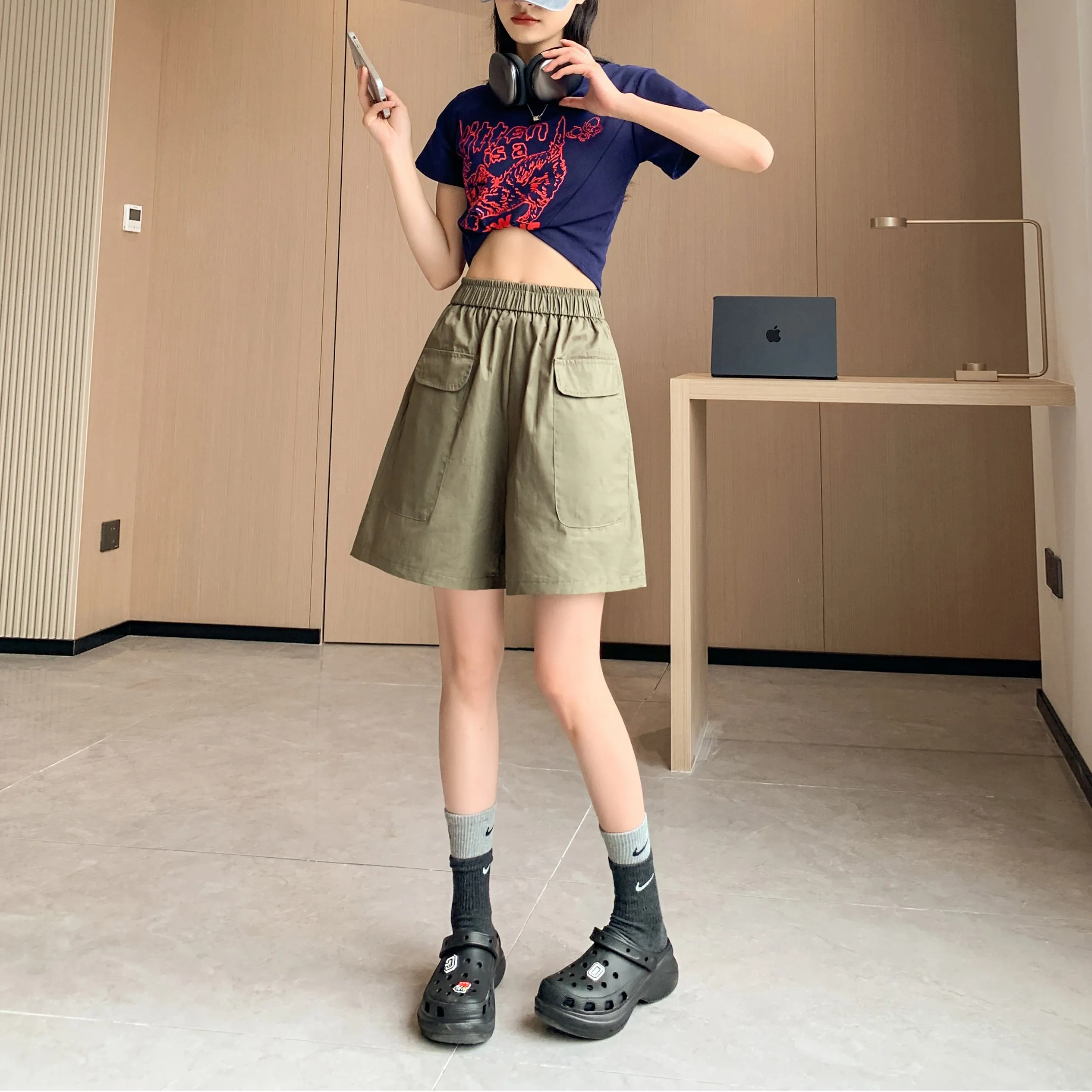 Loose Fit Thin High-Waisted Workwear Casual Solid Color Shorts