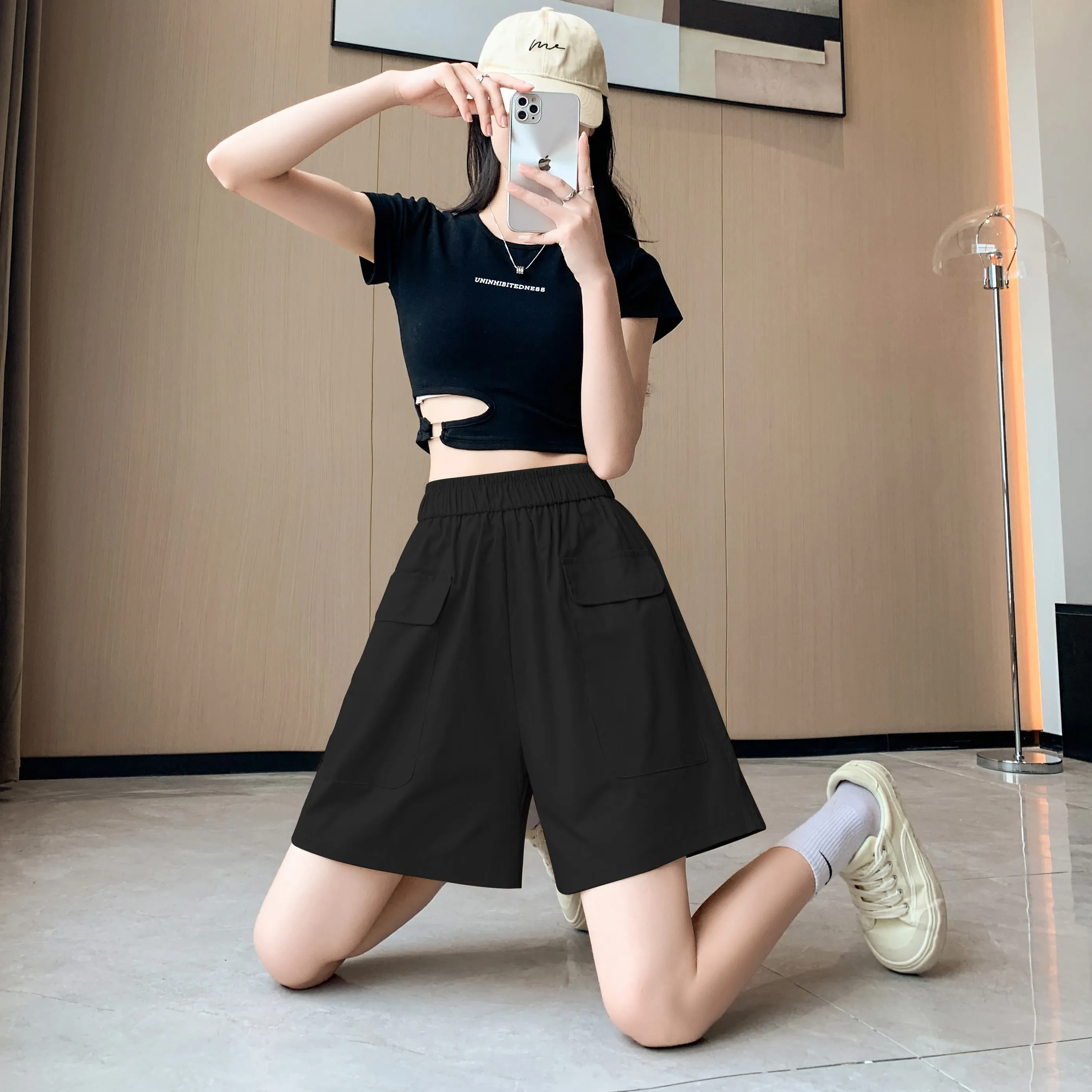 Loose Fit Thin High-Waisted Workwear Casual Solid Color Shorts