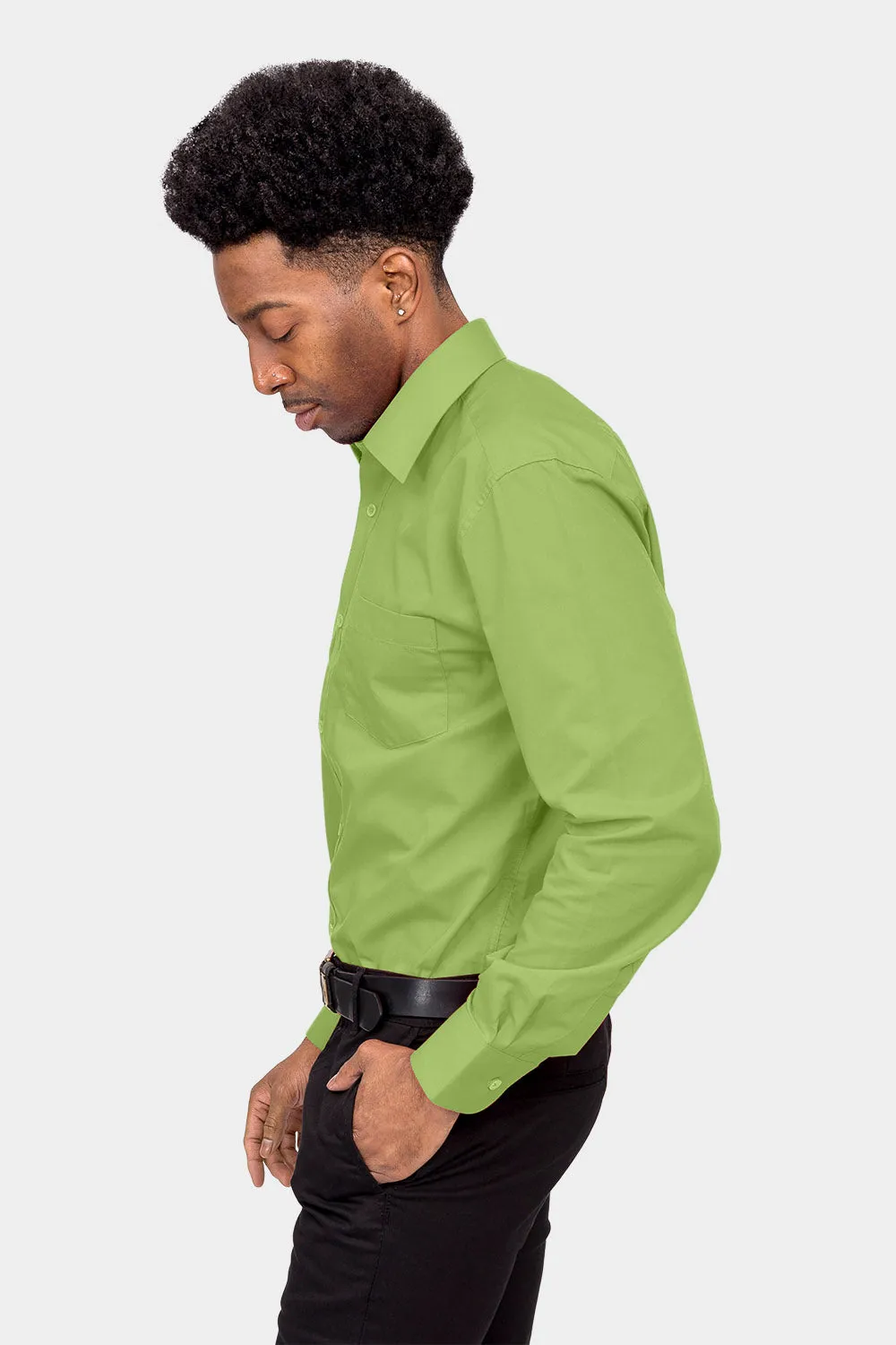 Men's Basic Solid Color Button Up Dress Shirt (Apple Green)