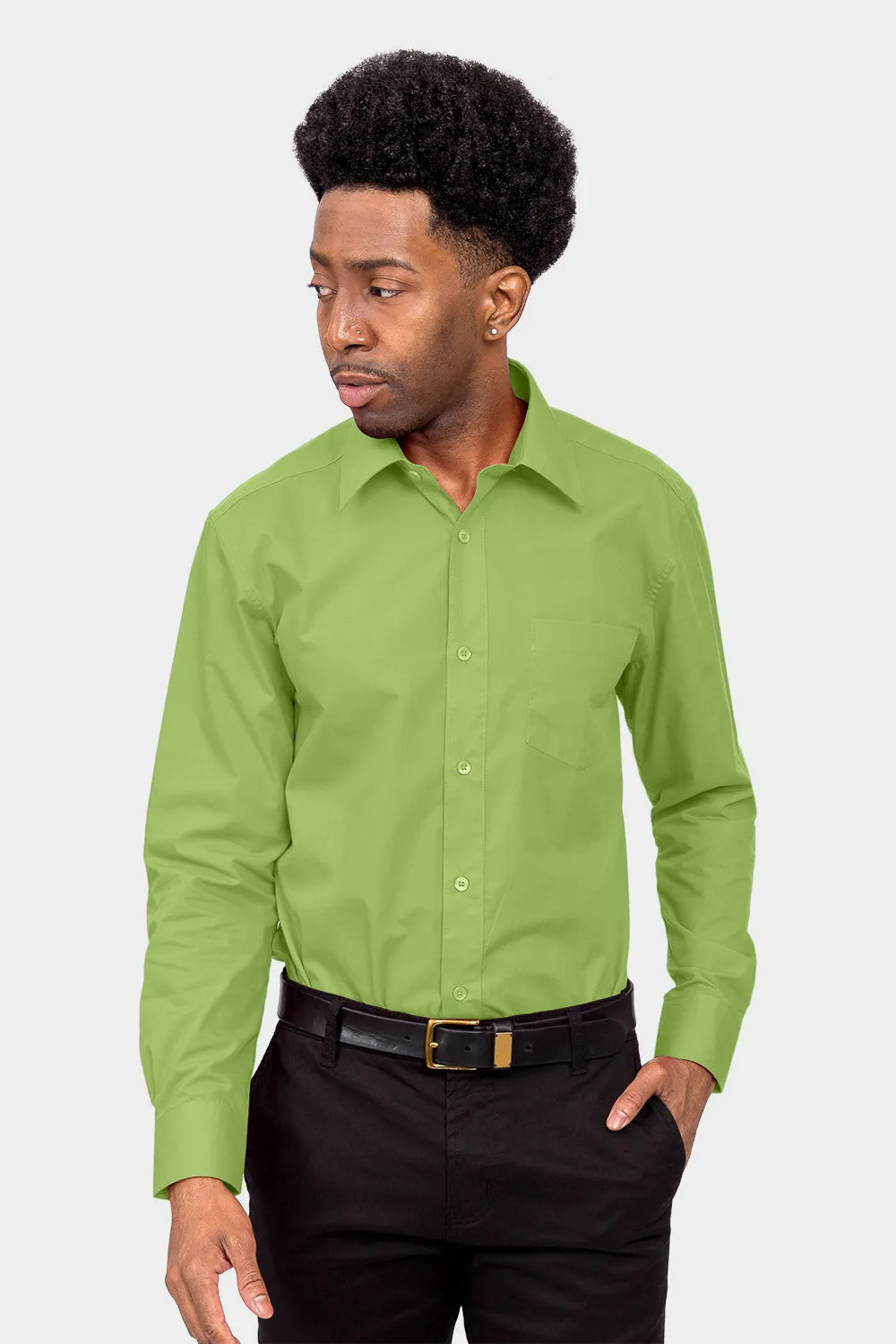 Men's Basic Solid Color Button Up Dress Shirt (Apple Green)