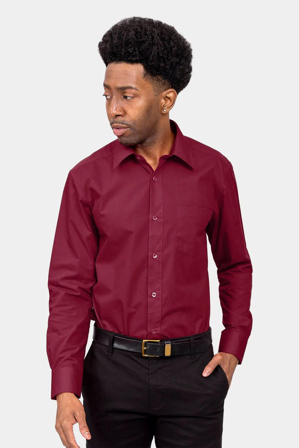 Men's Basic Solid Color Button Up Dress Shirt (Burgundy)