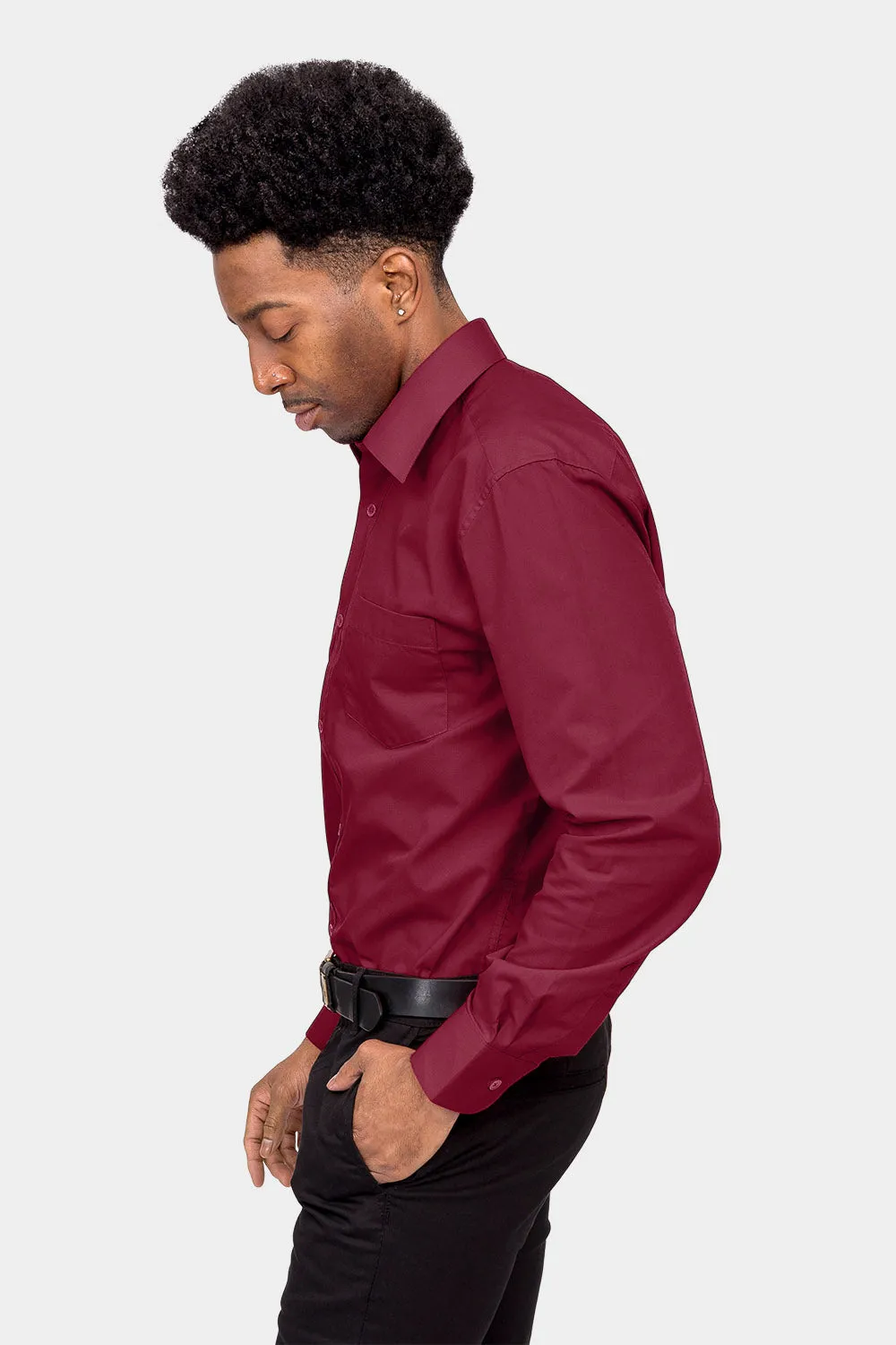 Men's Basic Solid Color Button Up Dress Shirt (Burgundy)