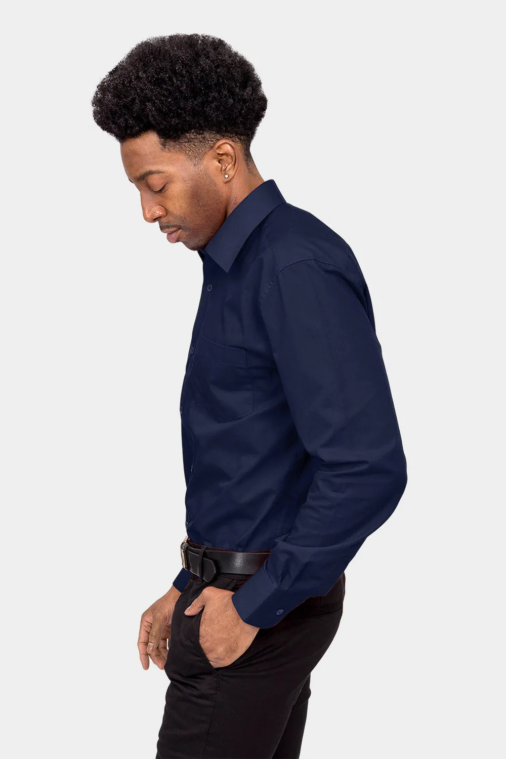 Men's Basic Solid Color Button Up Dress Shirt (Navy)