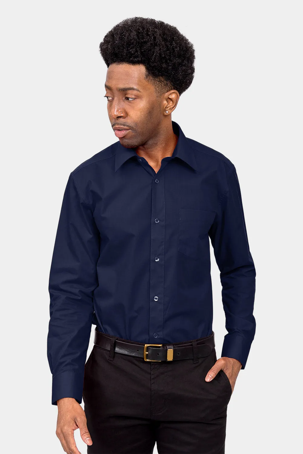 Men's Basic Solid Color Button Up Dress Shirt (Navy)