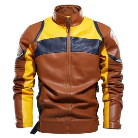 Men’s Brown Biker PU Café Racer Stand Collar Zip-Up Brown Multi Color Retro Moto Riding Sporty Casual Classic Scooter Faux Leather Jacket