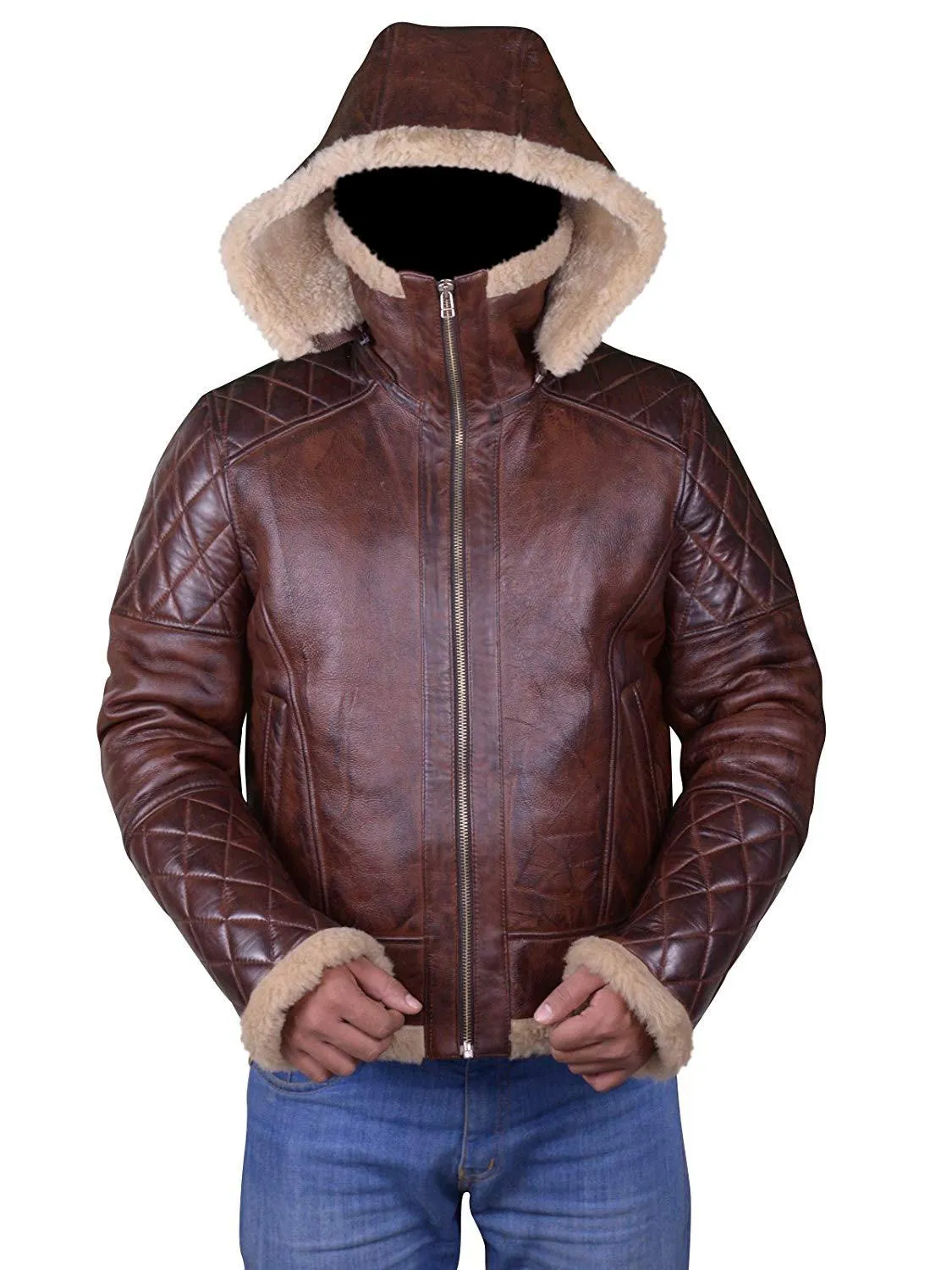 Men's Brown Leather Shearling Jacket with Hood