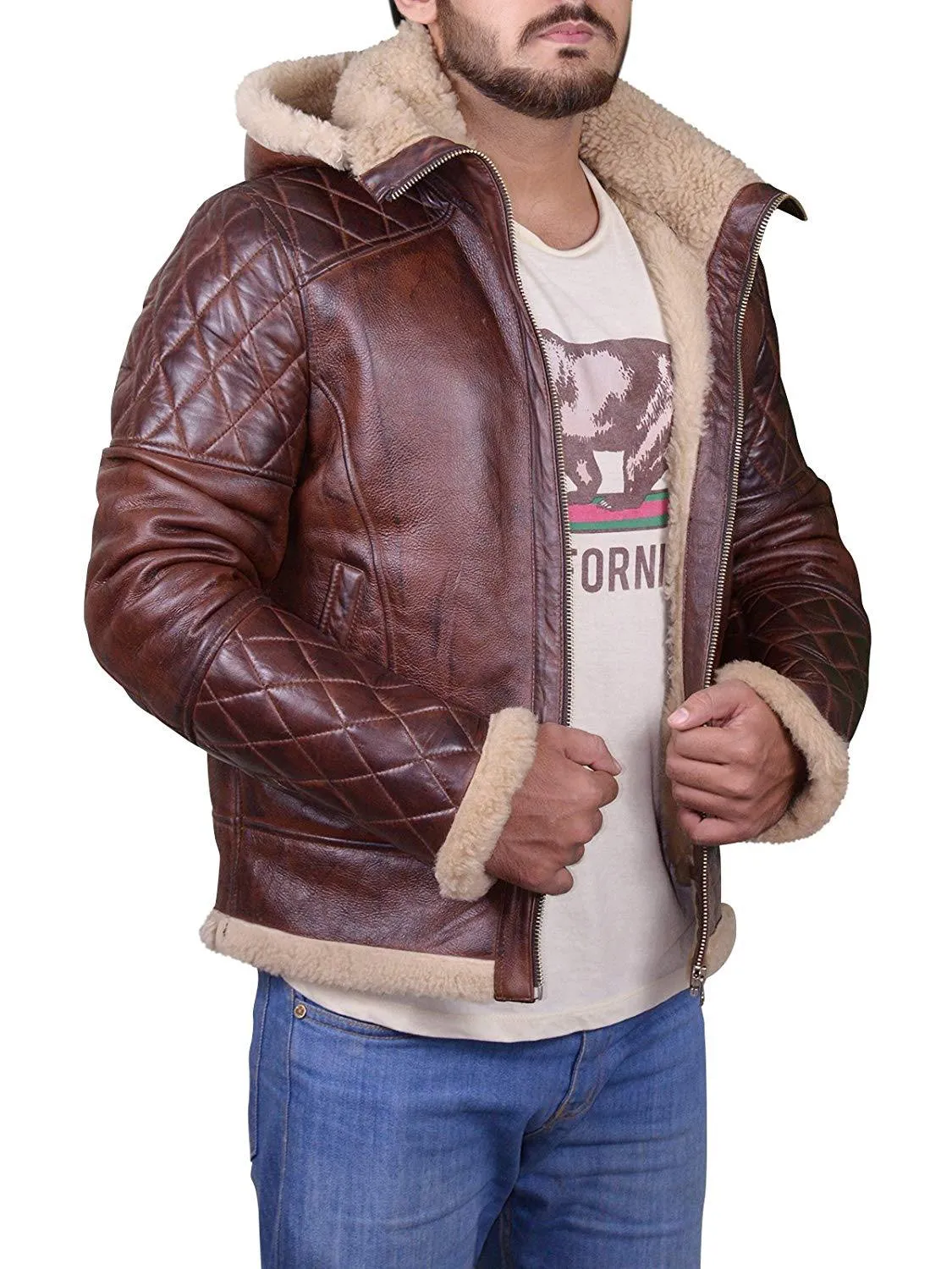 Men's Brown Leather Shearling Jacket with Hood