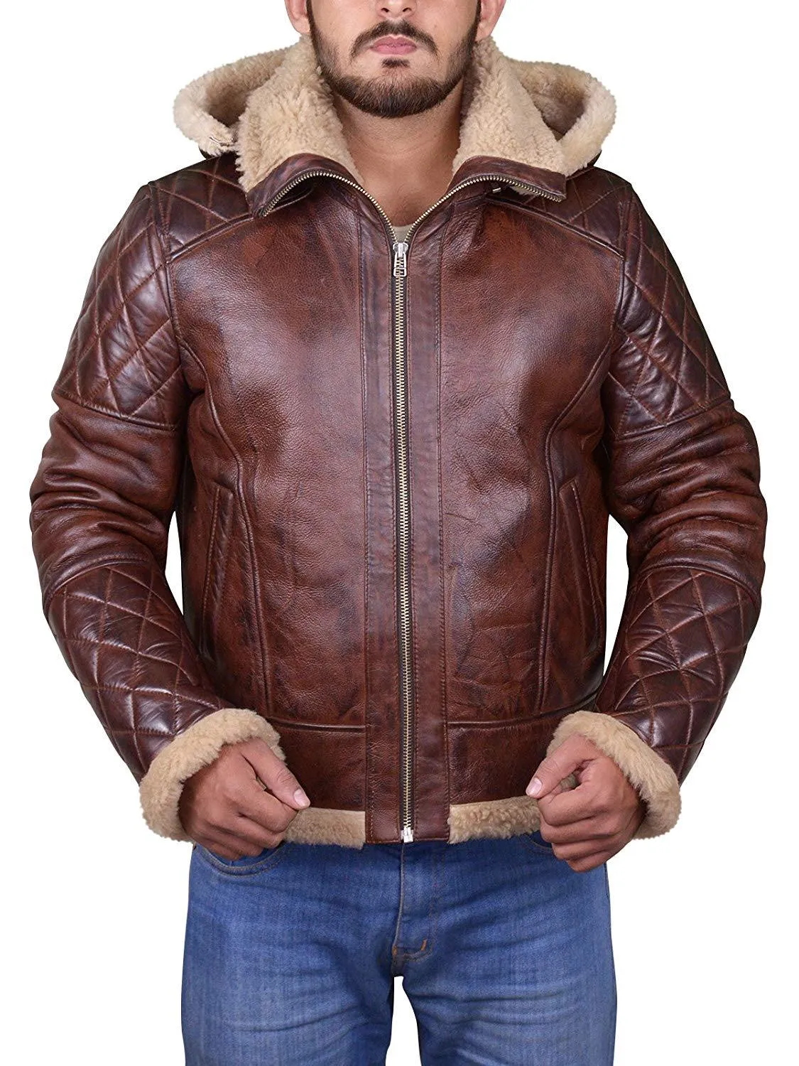 Men's Brown Leather Shearling Jacket with Hood