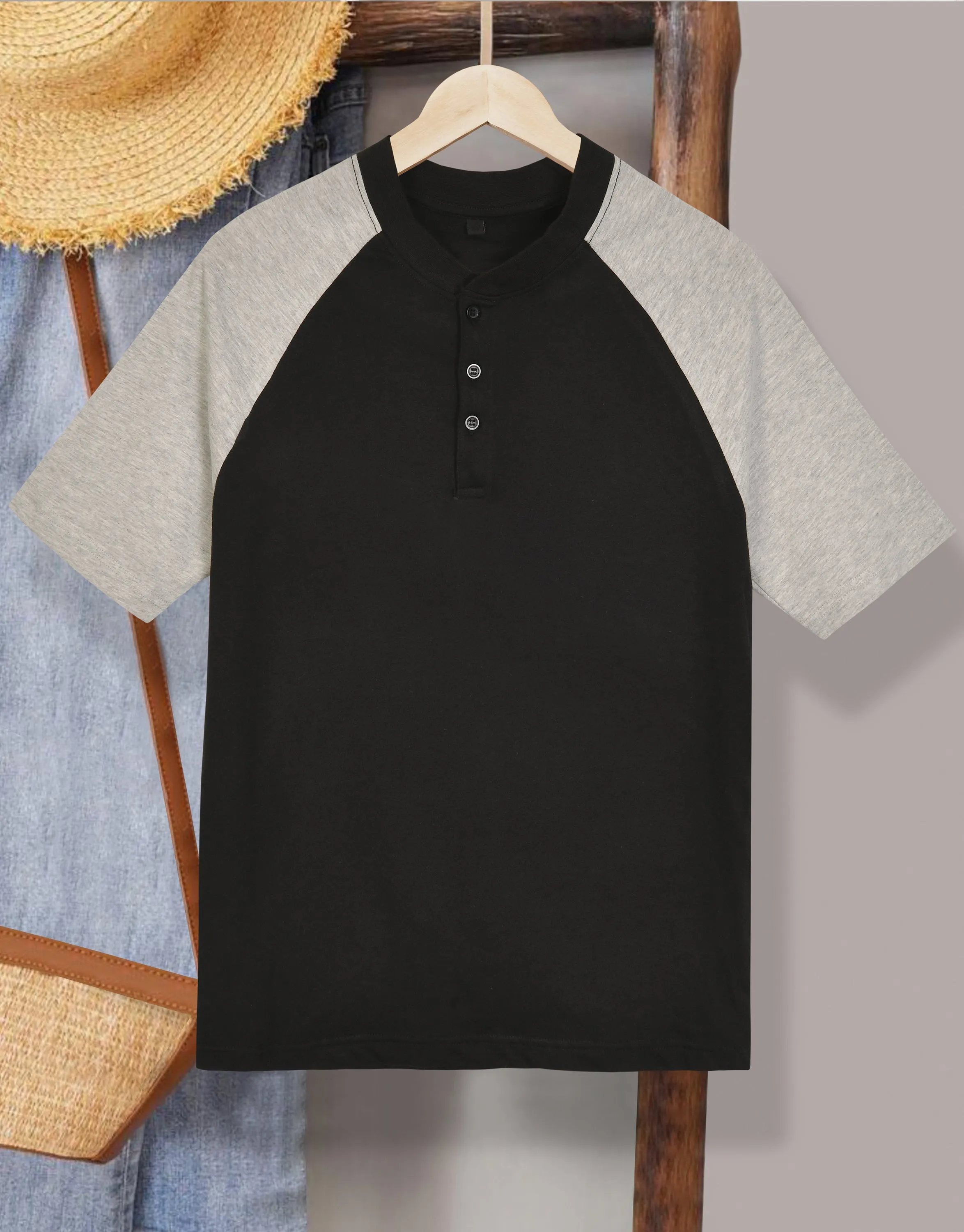 Men's Henley Single Jersy Cotton T.Shirt-Black