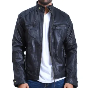 Mens Quilted Cafe Racer Biker Leather Jacket