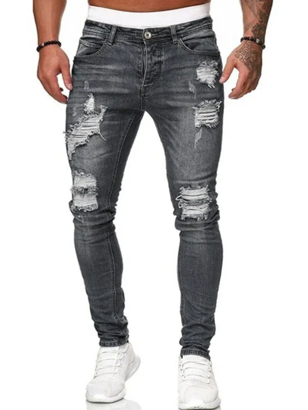 Men's Solid Color Ripped Stretch Skinny Distressed Jeans